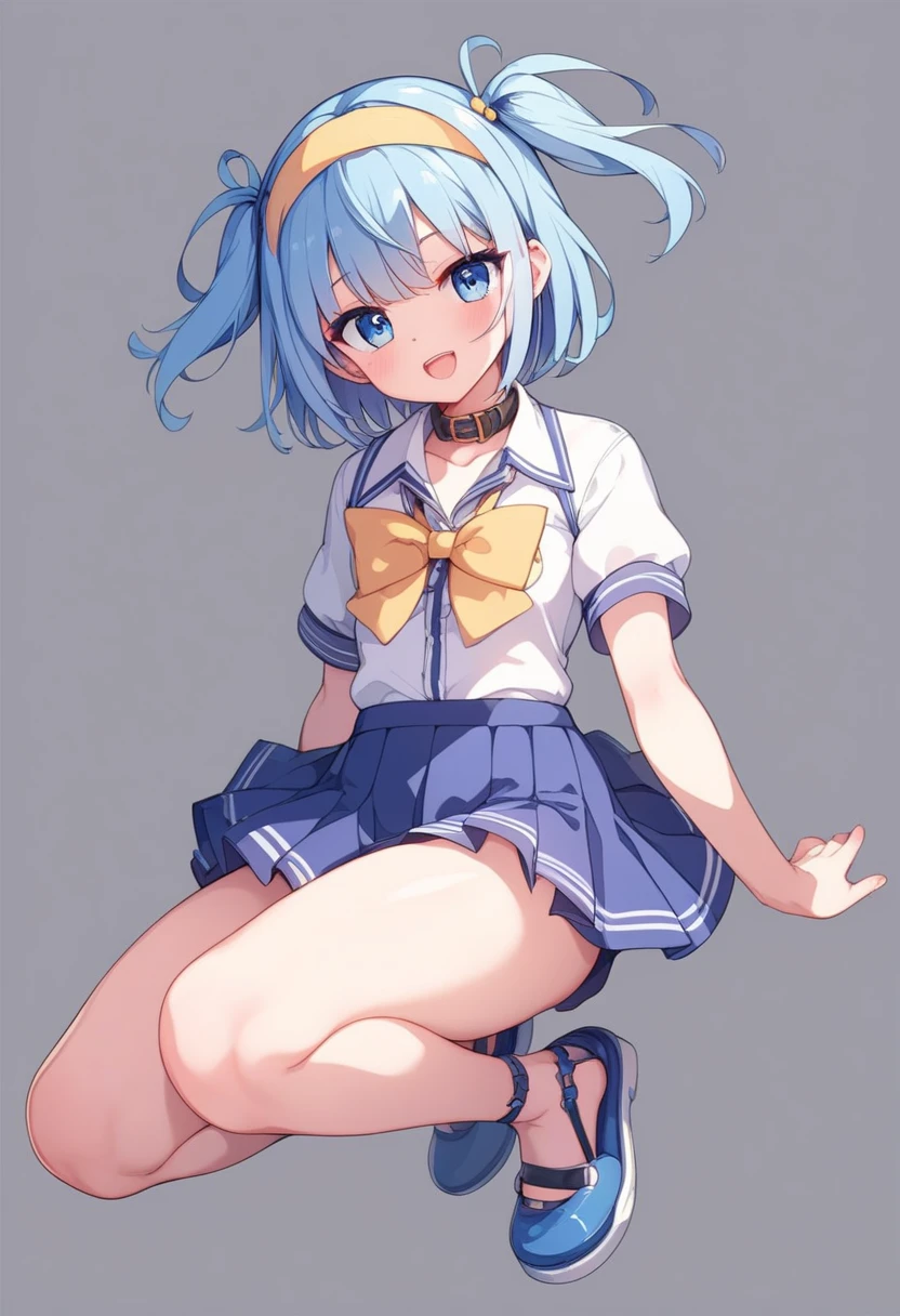 (masterpiece, best quality:1.2), 独奏, 1girl, earth-chan, smile, looking at viewer, arms behind back, , serafuku, blue skirt ,Squatting and spreading your legs wide,White underwear,