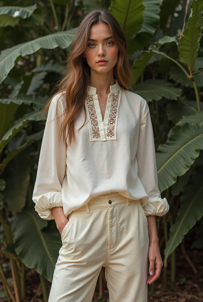 her name is Yasmin Fatima, high quality, ((mature)), ((white pale skin)), 1girl, ((30-year-old fit Swiss woman)), ((30 years old)), ((fit)), ((brunette)), pose: standing, wearing stylish (((light-yellow blouse and jeans))), ((BACKGROUND: Countryside barns in America)), random pose, cranky hair