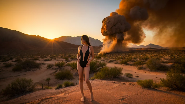 Beautiful cute Amazon women with gold hair in a orange lingerie set arching her back with a big booty and big tittys best quality HD detailed oil skin masterpiece with a volcano erupting in the background with orange clouds, and a orange moon in the background