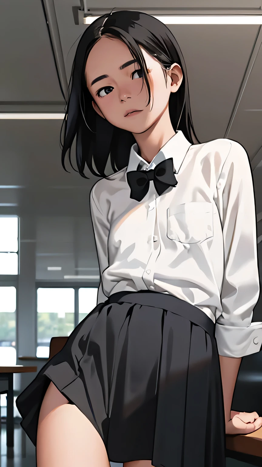 (1 girl, alone, Japanese Girls), Black Hair, short hair, Hair Clip, Shiny skin, Flat Chest, front view, facing forward , viewers, (Middle school, White collared shirt, bow tie, school skirt, white sox), thunder head, highest quality, Tabletop, 8k, High resolution, Super detailed,(masterpiece, best quality)