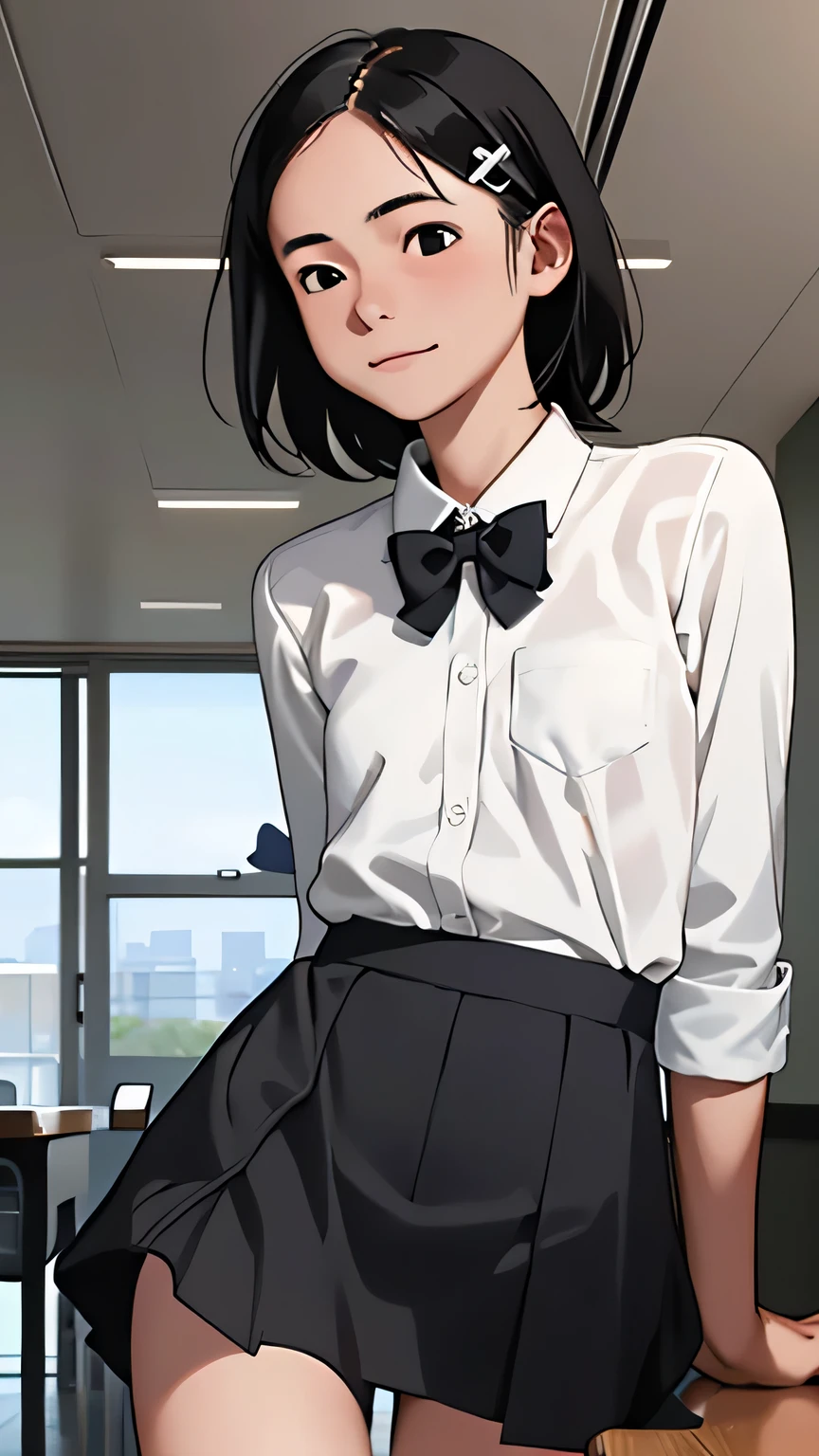 (1 girl, alone, Japanese Girls), Black Hair, short hair, Hair Clip, Shiny skin, Flat Chest, front view, facing forward , viewers, A slight smile,(Middle school, White collared shirt, bow tie, school skirt, white sox), thunder head, highest quality, Tabletop, 8k, High resolution, Super detailed,(masterpiece, best quality)