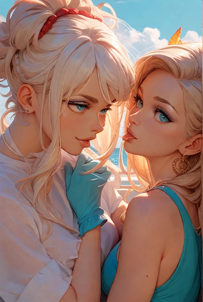 Girl, white hair, blue eyes, purple fish, flushed face, eyes half closed, lips pressed together for a kiss.