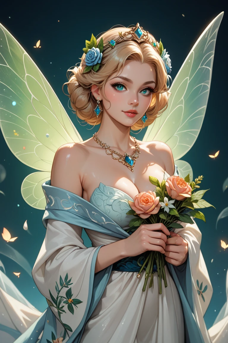 Style-NebMagic, award winning character concept art of, cute fairy with iridescent wings, enchanted forest background, night time, blonde hair, blue eyes, gossamer shimmering dress, blurry_background, breasts, magic mushroom forest, smile, cleavage, hair hair bun, natural lighting, large_breasts, lips, short hair, looking_at_viewer, solo, from from above, highly detailed 8k character concept portrait studio lighting by Annie Leibovitz and Steve McCurry octane render trending on artstation made in Maya 4K high quality digital painting dramatic lighting ,smiling, jubilant, excited, happy