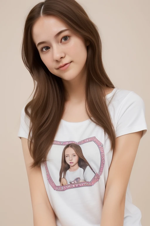 Pixer-inspired 3D poster of a 17 year old, white, smiling with teeth, with long light brown hair, Light brown eyes, Wearing silver-colored oval-shaped prescription glasses, com uma blusa white e uma calça jeans, with hands on hips and brown background.