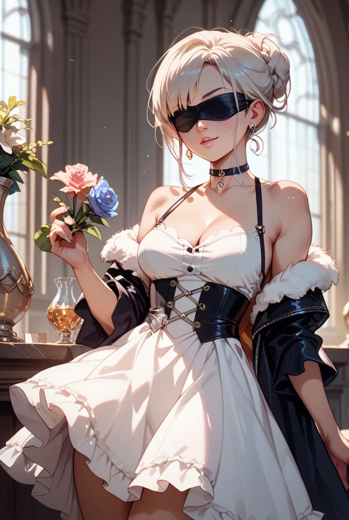 (from above:1.2),(from side:0.9), ((Face)), (Close-Up:0.4), ((looking at viewer, holding a bouquet to his mouth)), highest quality、(real、photorealistic:1.4)、(RAW photo:1.2)、very detailed CG unity 8k wallpaper, delicate and beautiful, wonderful, Fine detail, official art, disorganized, very disorganized, huge file size, Ultra-detailed, very detailed, very detailed girl, very detailedなeyes and face, Bright on the face、(teenage girl:1.7)、small smile, ,smiling, miorine rembran, ahoge, (white hair:1.25), hair between eyes, hair bun, (long hair:1.25), tiara,,ruanyi0261,off-shoulder dress,pearl \(gemstone\),tiara,veil,wedding dress, wedding necklace, wedding long gloves, (luxurious bouquet), chapel, Stained glass,(best quality, highres, masterpiece:1.2), ultra-detailed, (realistic:1.37) illustration, erotic style, soft lighting, sweat glistening on her body, gentle warmth, dark and mysterious, small breast,narrow waist,(with sparkling eyes and a contagious smile),her thin pubic hair, looking at viewer,