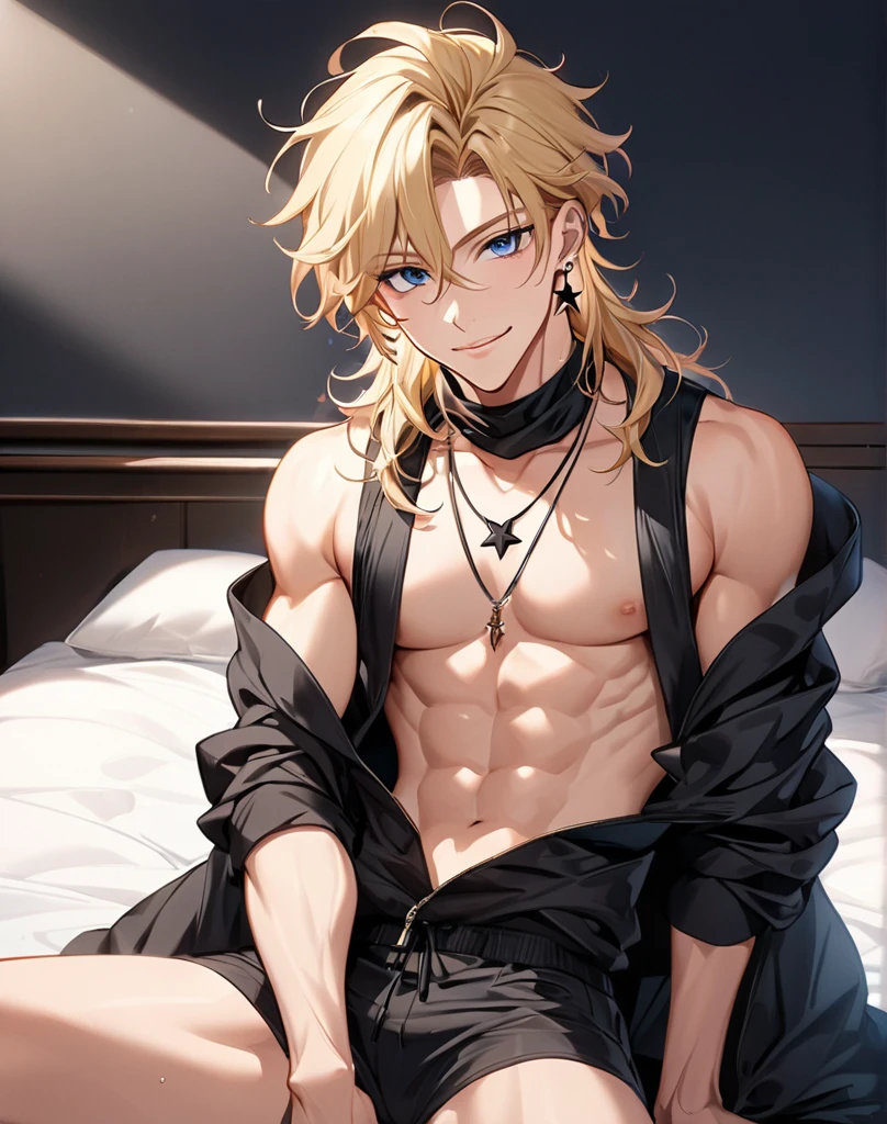 ((1 chico)), blue eyes, (messy blonde hair), close up view, wolf ears, wolf tail, black hood, black booty shorts, Thin waist, big thighs, looking at the viewer, Fangs, angry, Living room, Sharp nails, ultra masterpiece, High Definition, young, youngcito, Wide hips, blush, big butt