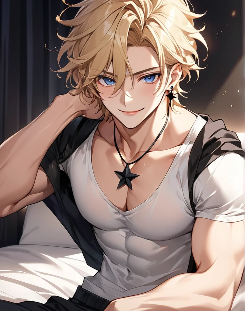 Blonde man lying on bed