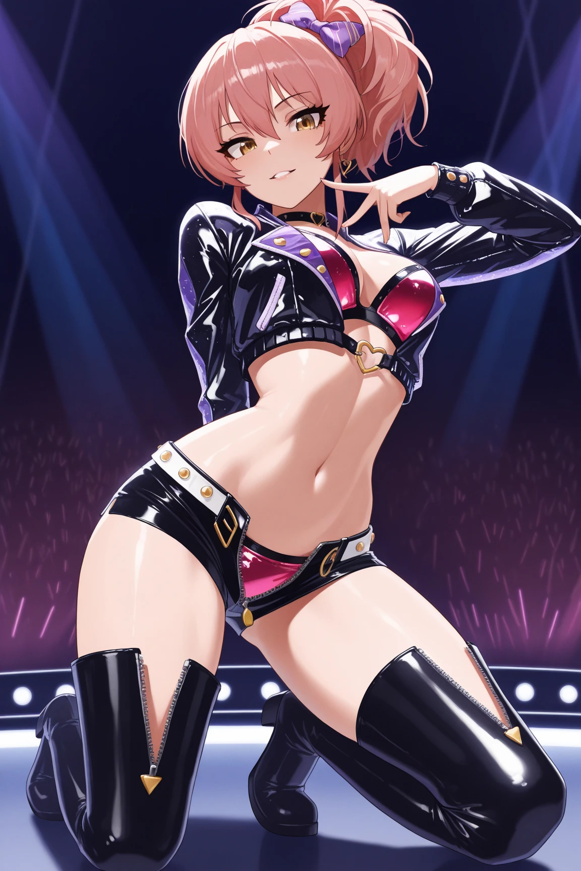 Nishikino maki, Purple eyes, looking_at_viewer, blush, smile, (mini skirt 1.2), one_eye_closed, midriff, belt, strapless,underboob, race_queen