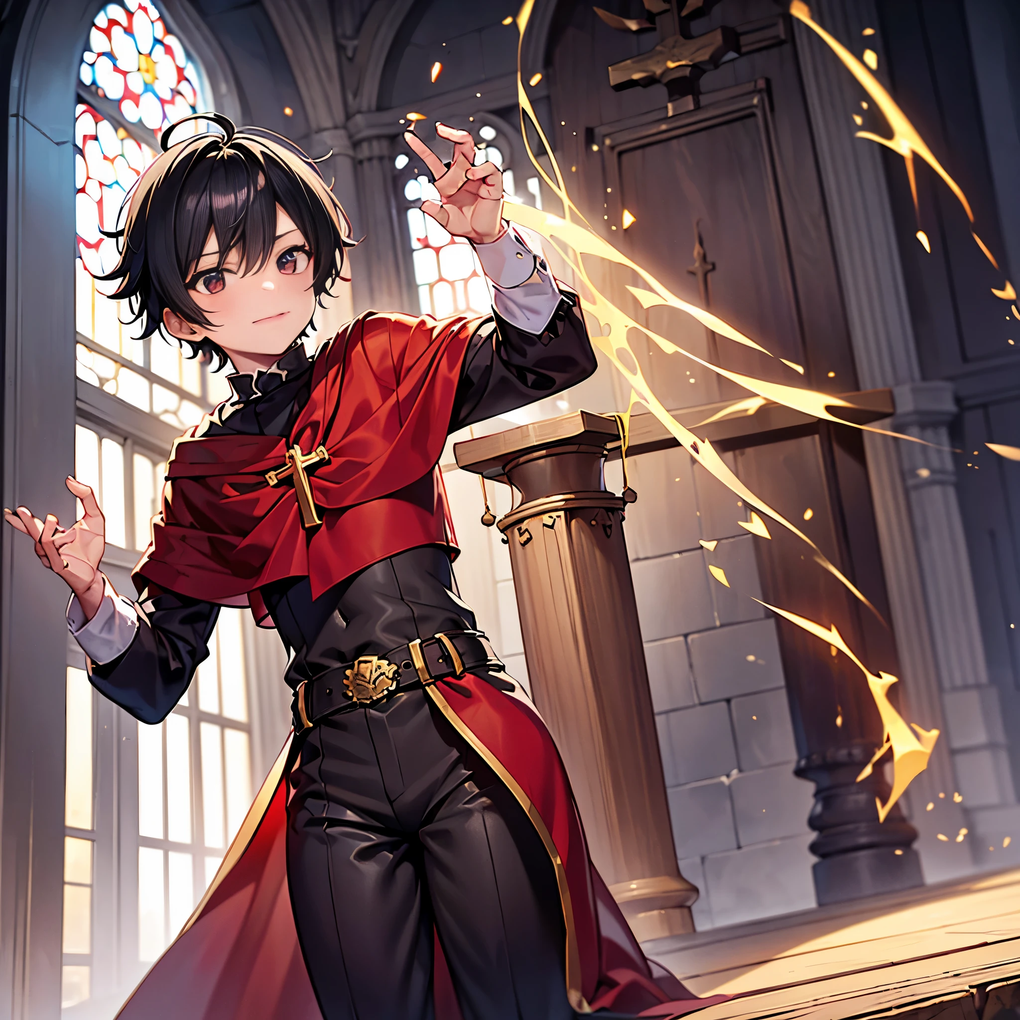 by quality), 8k, priest, cleric ,male, young boy, red garb, lean, three-quarter portrait, sexy outfit, church, demon cross