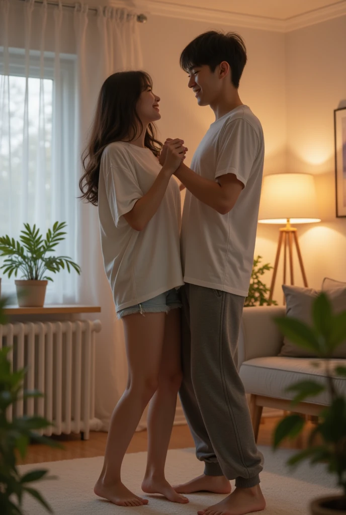 ager male hugging from behind and caressing old woman's legs in miniskirt and high heel sandals standing and full body