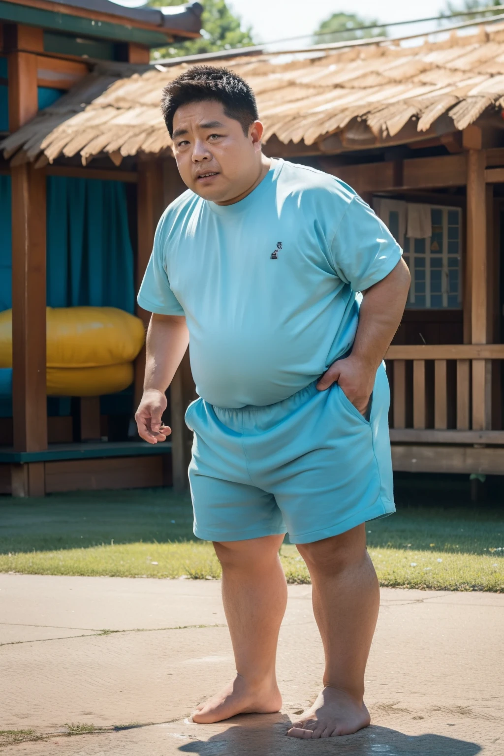 Thick Japan middle-aged man in his 50s, 1man, retarded, Dwarfism, He wears a light blue shorts, Bare Thighs, Pampers, shirtsless, ((peeing self, wetting self, pee stains,)), ((trembling, fear expression, scared, looking at viewer)), kindergarten background, It's a sunny day, Incontinence, He stand and cried in playground, Full body, a picture, 8k, high detail photo, Masterpiece