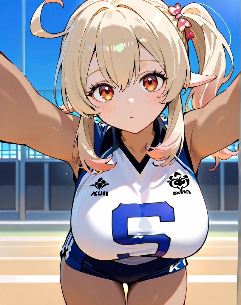 {{{{{16k,Ultra High-resolution realistic photograph of neat virgin first-year junior high school girl's in School-designated gym uniform with junior high ribbon as pretty as a actress in Grass schoolyard, She's in the first year of middle school, but she's too well developed, her cleavage tits are too beautiful, Her bra is showing through under her gym clothes, Aura of being irresistible, but a virgin}}}}},{{Extremely detailed}},{{{{{dye her cheeks flush and integrated her head pure small, thick lips, Enchanting thick gross idol's Lips, She's a volleyball player so she has big boobs}}}}},{{{{{dark colored bang ponytail hair}}}}},{{{{{She get more attractive and smoother her body, her expression and appearance are transformed into that of a pure, Her white tits are so fluffy, and are depicted in great detail, but her sex appeal from her cleavage fills the schoolyard, her bodyline and tits and hips are getting cuter and cuter, She has been reborn as a pretty one-in-a-thousand-year girl with a sparkling aura of cuteness}}}}}