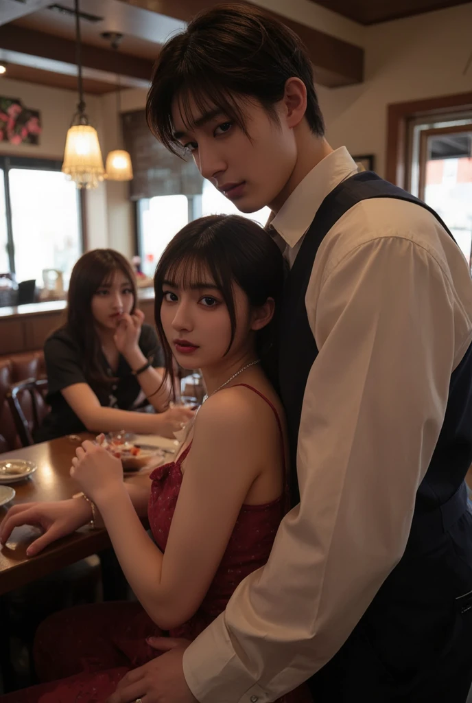 Jungkook from BTS next to Jennie from Blackpink at a romantic dinner at night the two characters are facing each other