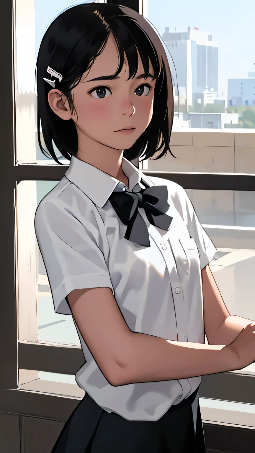 (1 girl, alone, Japanese Girls), Black Hair, short hair, Hair Clip, Shiny skin, Flat Chest, front view, facing forward , viewers, (Middle school, White collared shirt, bow tie, school skirt, white sox), thunder head, highest quality, Tabletop, 8k, High resolution, Super detailed,(masterpiece, best quality)
