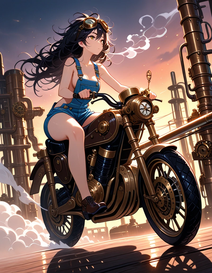 nsfw, anime screencap, 16K, perfect anatomy proportion body, perfect hands, action, A dynamic composition with a sense of speed and movement, (Ride a steam engine motorcycle:1.6), a wife, 40age, perfect beautiful delicate sexy face, perfect beautiful delicate drooping eyes, blue hair, updo, large breasts, abs, An elaborate chain mail micro bikini, desert, Post-apocalyptic,