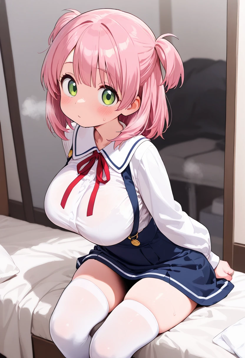 black pantyhose,loli,sailor,skirt,cute,on stomach,,pink hair,twintails,,shy,huge breasts,(ultra see through),mary janes