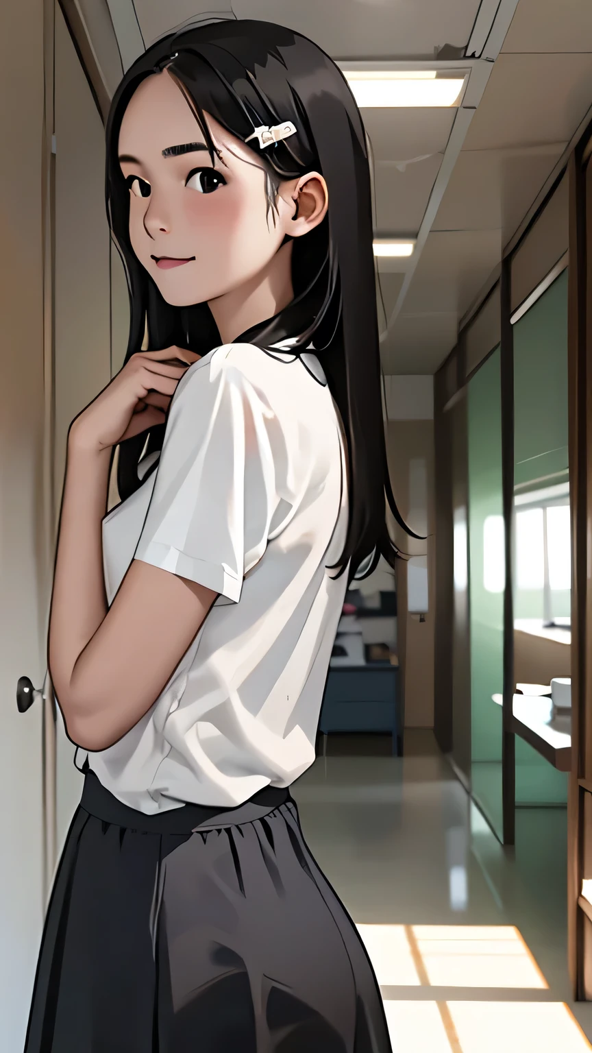 nsfw:1.0 , (1 girl, alone, Japanese Girls), Black Hair, short hair, Hair Clip, Shiny skin, Flat Chest, front view,  facing forward , viewers, A slight smile, remove only one button on the shirt, The shirt opens slightly, the bra is slightly visible from the open shirt, white bra, (Middle school,  White collared shirt, , school skirt, white sox), thunder head, highest quality, Tabletop, 8k, High resolution, Super detailed,(masterpiece, best quality)