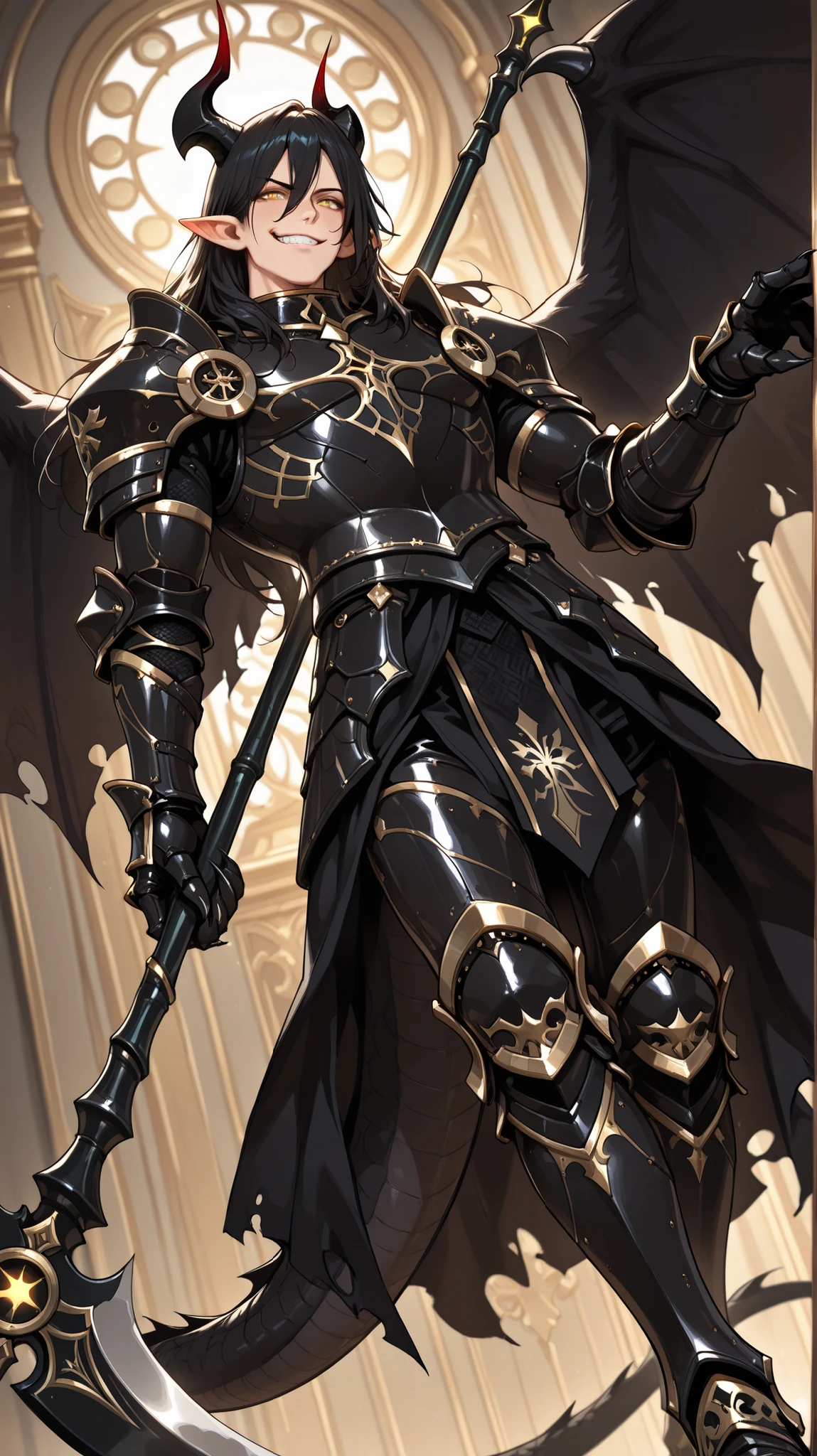 (masterpiece, best quality: 1. 2), highres, 8K, CG, (((Anime))), (1 male), lean body, ((masculine)), (floating in the air), weredragon, japanese anime style, glossy black, shiny black leather, ((beautiful golden eyes, finely detailed eyes, bright eyes, vertical iris)), hair between eyes, long hair, sideburns, wild hair, (sly grin, smirk, evil smile), teeth, confident, black hair, (ultra detailed face), shiny skin, long pointy ears, twisted torso, long-legged, sculpted face, wasp waist, dragon’s horn, dragon’s tail, dragon’s wings, dragon’s sharp claws, ((black armor with a lot of grandiose decorations)), half dragon half human, dramatic angle, dynamic posture, ((with a giant black scythe)), ultra detailed black armor, black armor with gold accent, all black outfit, whole body, emphasize face, focused expression, sharp focus, oblique angle, good-looking man, well-polished black armor, charismatic pose, (best illustration), cinematic, super detailed, dramatic lighting, (intricate detail, super detail, extreme detailed), reflection, pearly luster, ((highly detailed artwork)), dramatic shadows, tenebrism, chiaroscuro, wonderful pose, chiseled features, stark contrast, heavy shadows, detailed black decorations, beautiful and aesthetic, photoreal, from below, (mysteriously crafted black metal armor: 1. 4), sparkling accessories, thick and luxuriant hair, ultra detailed fantasy black armor, he dressed in black, broad shoulder, sharp eyes, true-to-life visuals, artistically refined, dramatic contrasts, ((extremely delicate and beautiful armor, elaborate armor details)), dark armor, toned male, exquisite goldwork, wonderful black armor, armor with intricate engravings, (armor-type boots), ((detailed shoulder armor with intricate engravings, gold accent black armor)), (128K Ultra High Resolution), very gorgeous and dazzling, dark fantasy black knight, slim waistlines, wide chested, sinewy body, splendid scenery background, (((Hyper Detailed & Perfectly Designed Black Armor)))