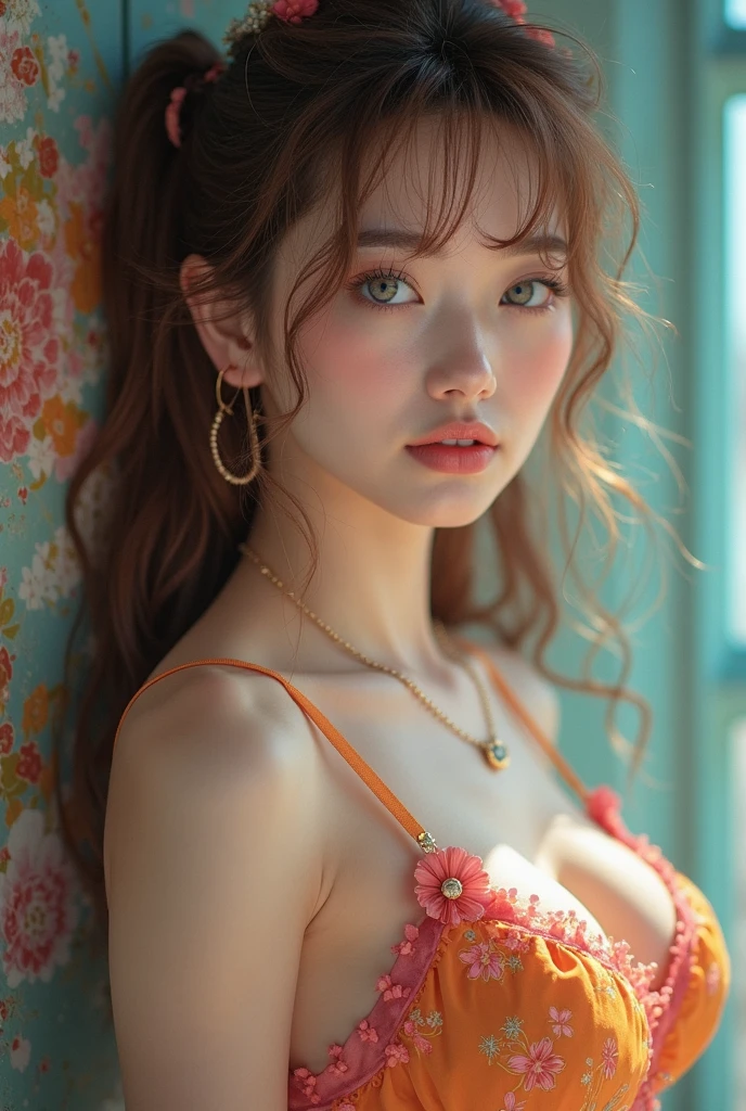 (girl:1.2),alone, (Long red curly hair:1.1), Brown eyes, Wear a wreath of daisies on your head, ,beautiful,elegant,bikini、Swimwear、Small breasts、Flat Chest