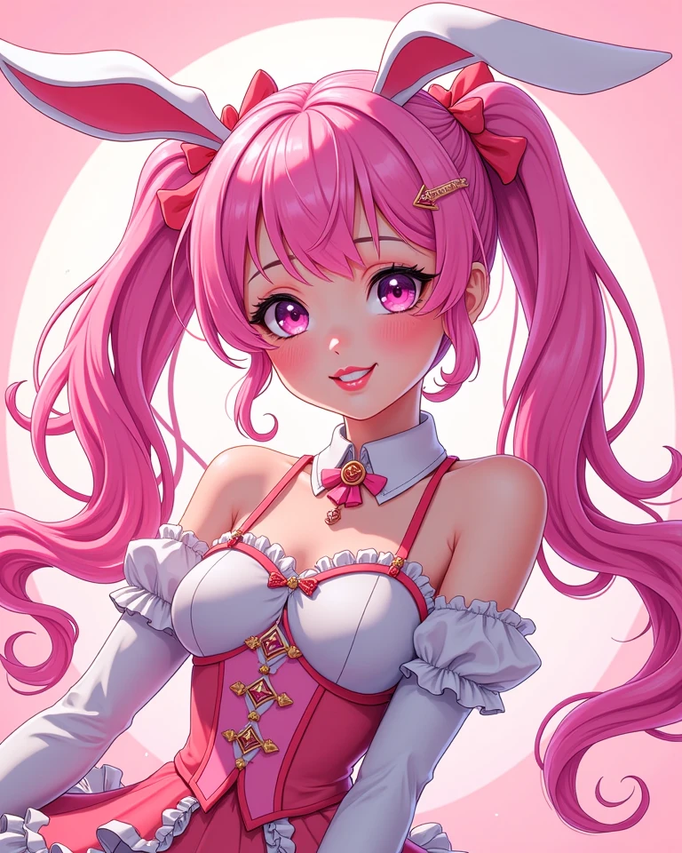 (masterpiece), best quality, (((ultra detailed, 8k quality))), expressive eyes, perfect face, perfect anatomy, perfect body, scene, <lora:scene_:0.7>, <lora:more_details:0.7>, <lora:beautiful_detailed_eyes:0.5>, <lora:GoodHands-beta2:0.7>, <lora:give_it_a_name:0.7>, aaaura, braid, twin braids, horns, blue eyes, choker, <lora:aura_(sousou_no_frieren)_v1:0.8>,
 bare shoulders, brown pantyhose, bowtie, rabbit ears, red bow, black leotard, wrist cuffs, strapless, detached collar, fake animal ears, playboy bunny, red bowtie, leotard, strapless leotard, elbow gloves, grin, peace sign, close portrait ,