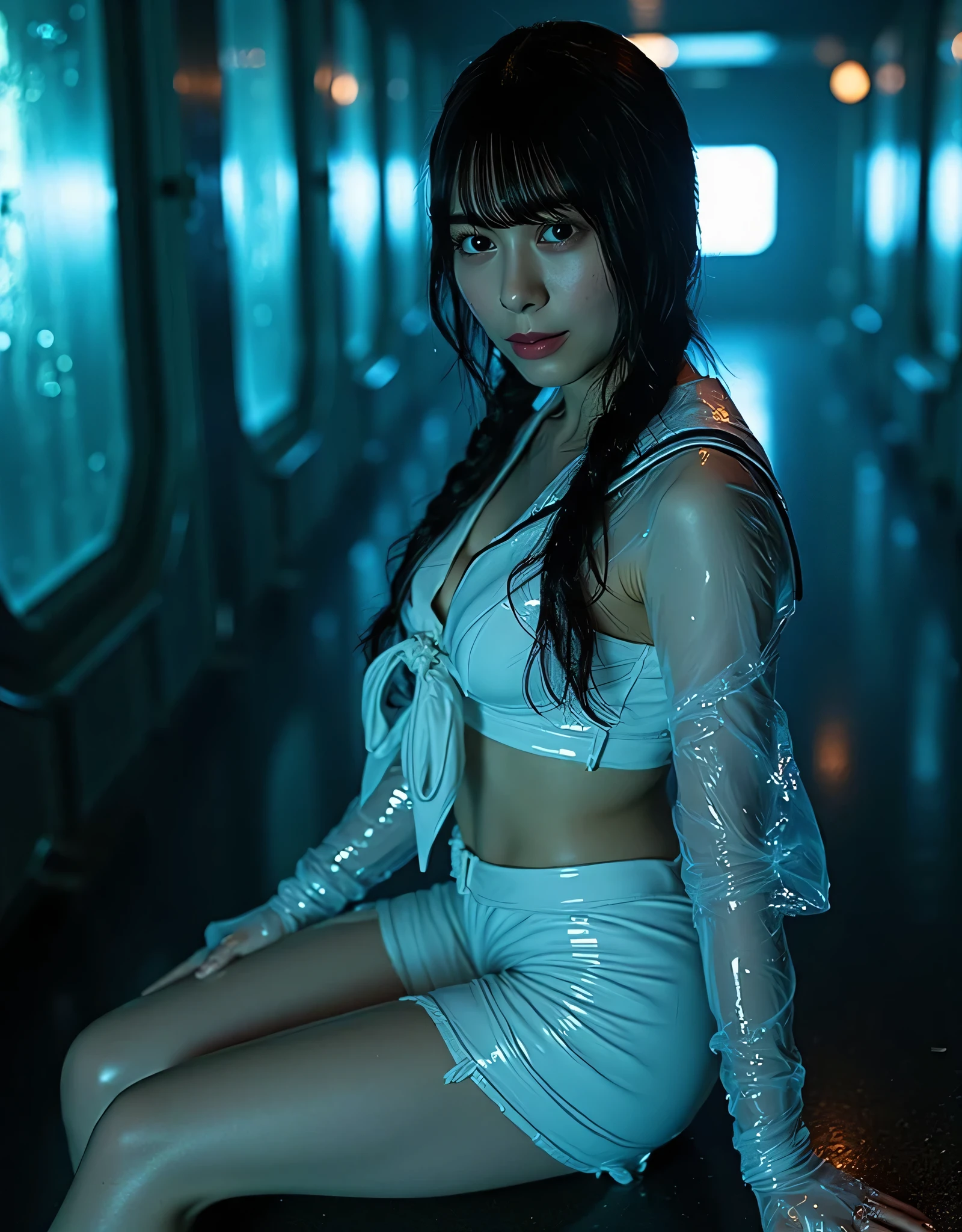 (((The dark interior of the Nostromo ship :2.0))),(((HR Gigger style cyberpunk atmosphere:2.0))),(((Open your feet wide:2.0))),Sitting posture,((full body:2.0)),one woman,(cute face),(Beautiful well-balanced face ),((braids with bangs:2.0)),(black hair:1.5),(Beautiful Eyes:1.3),Glamorous Shot of a 20-year-old Japanese Woman,Beautiful slender body,((model body type:2.0)),((slim body:1.7)),((スリーサイズ90-58-86:3.0)),perfect body line,ideal proportions,((big breasts:2.0)),((G cup breasts:1.5)), popup,Bare thighs,Sensual Thighs,delicate body,(muscular:1.7),harmonious posture,((Realistic breast depiction :1.7)),Carefully depicting limbs based on perfect anatomy,((Futuristic White Latex Sailor Suit:2.0)),((fitted sailor suit made of translucent latex that shines with blue LEDs:1.5)),((sailor suit with collar and bow:2.0)),((Glass translucent super mini skirt:2.0)),(Navy blue translucent short mini skirt:1.5),((rough mesh stockings:1.5)),(gloves:1.3),concept art,(best quality:1.5),(masterpiece:1.5),(超高resolution),resolution,UHD,(delicate depiction),carefully drawn,32k,((Realistic Skin Texture:1.5)),(((Ultra Realistic:1.5))),carefully draw eyelashes,highly detailed face,Highly detailed female hand, Sexy appearance ,Extremely Sensual,(Blurry Dim Backgrounds :1.5),Professional Photography,(movie lights:2.0),((Blade Runner style lighting:2.0))