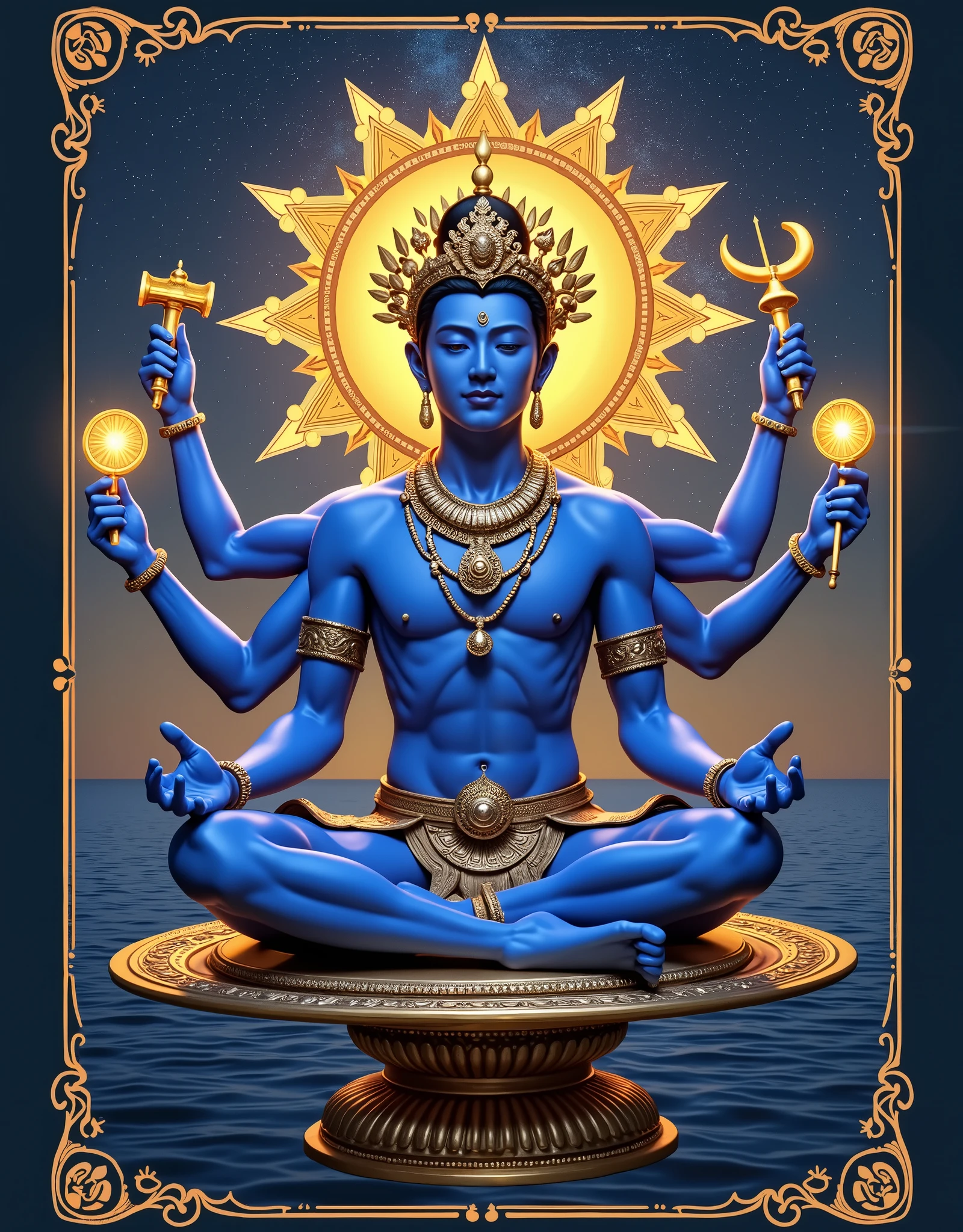 masterpiece, Reality, Best Quality, Ultra High Resolution, absurd, A plate of meditating Asian male deity(Coordinated disc floating in the air), young, Handsome, Perfect Face , Six arms(Each hand holds a golden glowing treasure: Handbell, sword, Hammer, Copper ring, Banana fan, Small Axe), decorated crown with gold jewelry, Gold Glittering Gemstone Ornament, Gold Back Halo, naked upper body, pale skin, slim body, Muscle Development, Abdominal muscles, perfect body proportions, Starlight Shorts, Full Body Gold Luxury, night, starry sky, Sea, soft light background, Cinematic Light, Wrong Complicated Detail, The composition is clear, 8K,