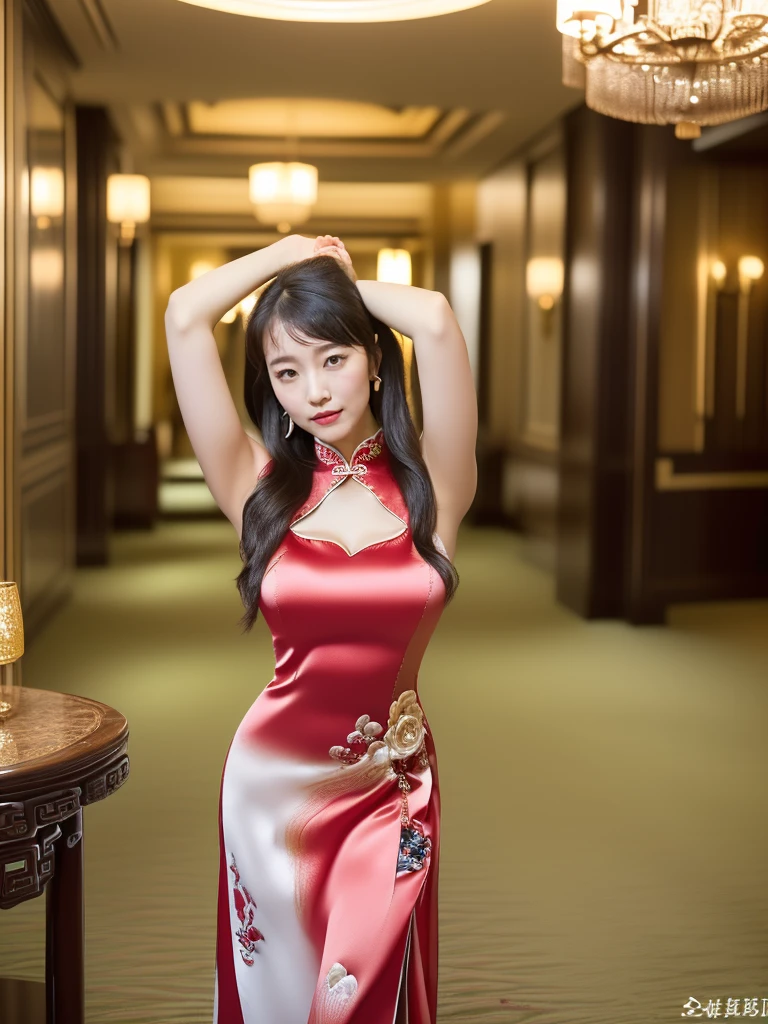 (((Red Room:1.3, indoor, Photographed from the front))), ((Long Hair:1.3,Black cheongsam clothes,Japanese women,smile,cute)), (clean, Natural Makeup), (Highest quality, masterpiece:1.3, 超High resolution), (Very detailedな, Caustics), (Realistic:1.4, RAW shooting), Very detailed, High resolution, 16K resolution