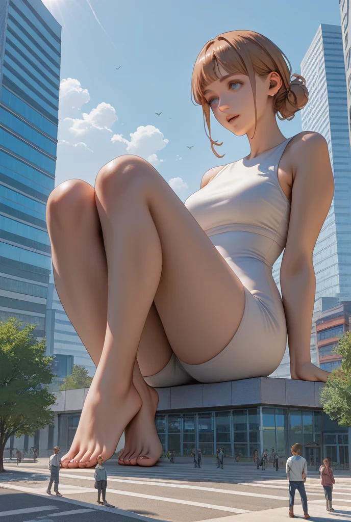 Highest quality，masterpiece，Ultra-high resolution, Very detailed, 8k，A beautiful 17 year old Japanese girl:1.5, Small face, Black short hair, blunt bangs, Breast Augmentation Surgery, A very tall giant sits in a city、　White gym clothes, Bloomers, Angle from below