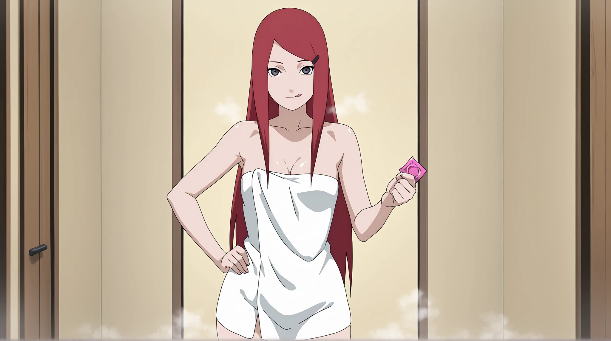 1girl,solo,mm,mature, uzumaki_kushina, kushina, red hair,gray swept bangs, hairclip, long hair, medium small breasts,anime coloring,
naked towel, cleavage, steaming body, after bathing, hand on own hip, looking at looking at viewer, seductive smile, licking lips, indoors
,masterpiece,best quality,amazing quality. Slim body, wide_hips, thick_thighs, obsene sexual, holding a condom
