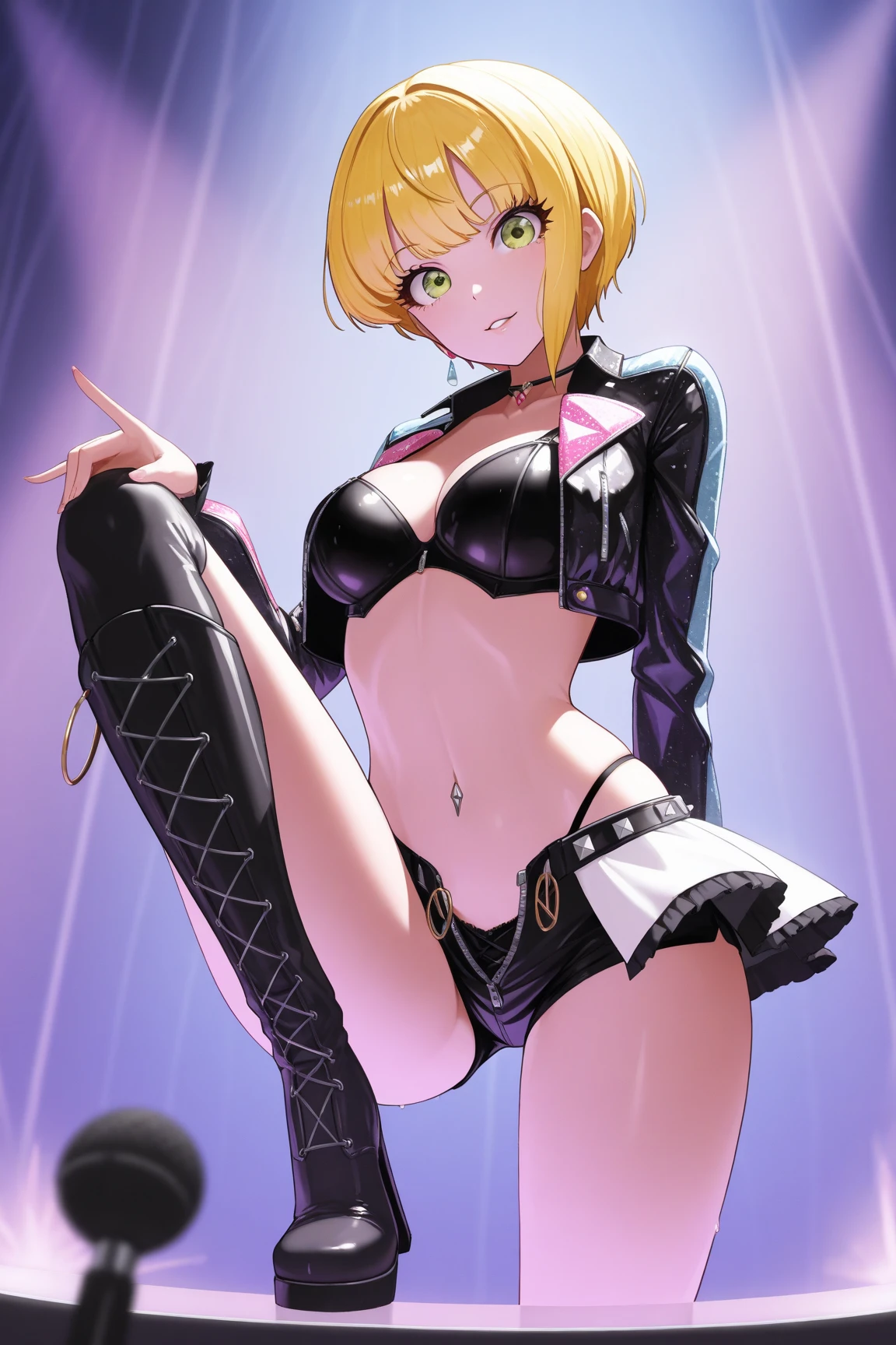 (Highest quality:1.1), (masterpiece:1.4), (Absurd:1.0),
One Girl, navel, cleavage,midriff,collar, crop top, torn clothes、 spiked collar, Medium chest、Looking at the audience、Bedroom、(blush:1.2)、Happy expression、(((pantyhose)))、(Showing pantieicro Mini Skirt))、((High heels))、Blonde、Long gloves