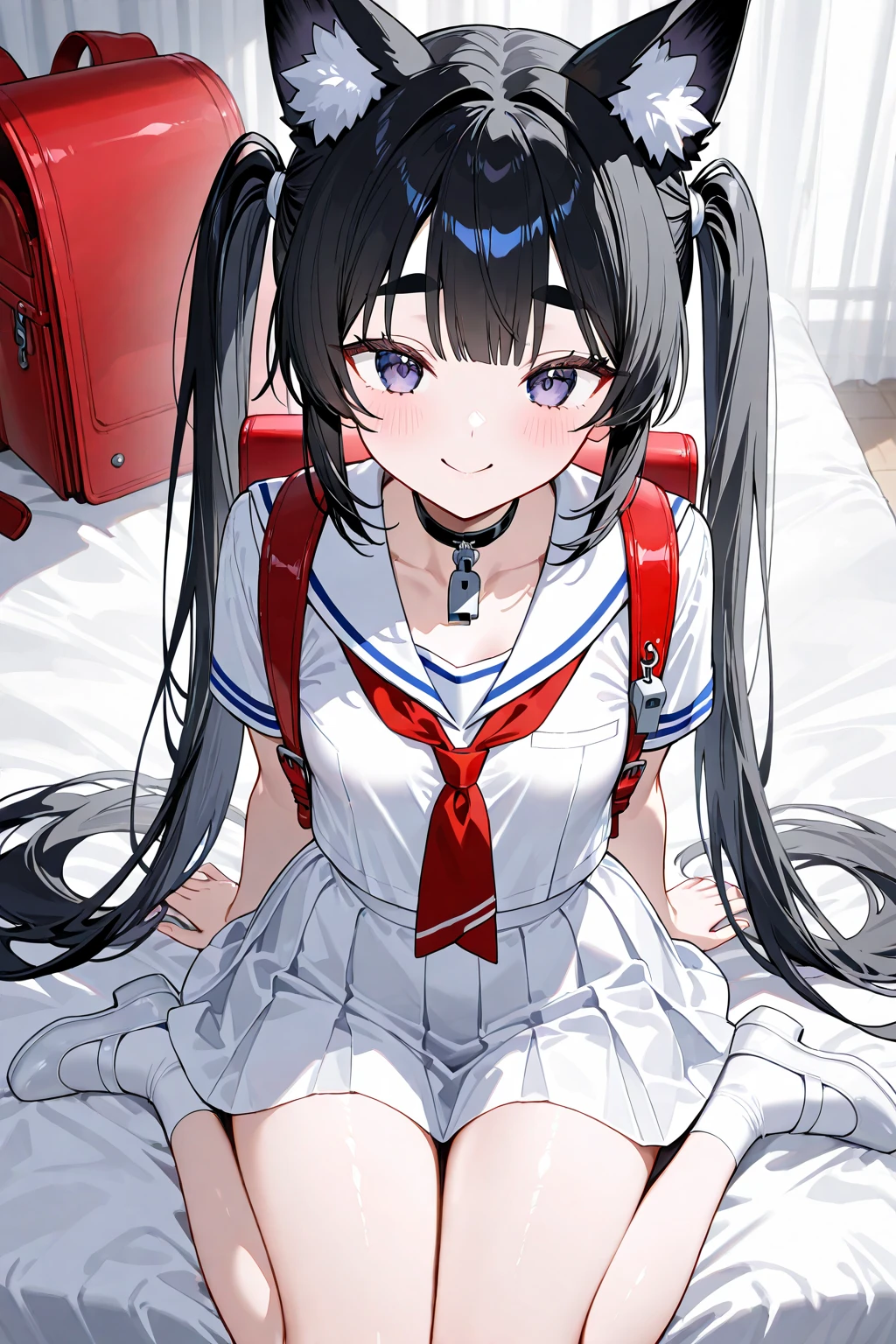 {Highest quality], [so beautiful], [Ultra-fine], [Best illustrations], Browsing Caution,Black Hair, Hime cut, Long Hair, With bangs, girl,high school student,uniform,knit,skirt,smile, blush, Slender women, Adult female,(public),,diagonal, Navy blue knee socks,Black Loafers.night,Health Room,Lying in bed feeling unwell