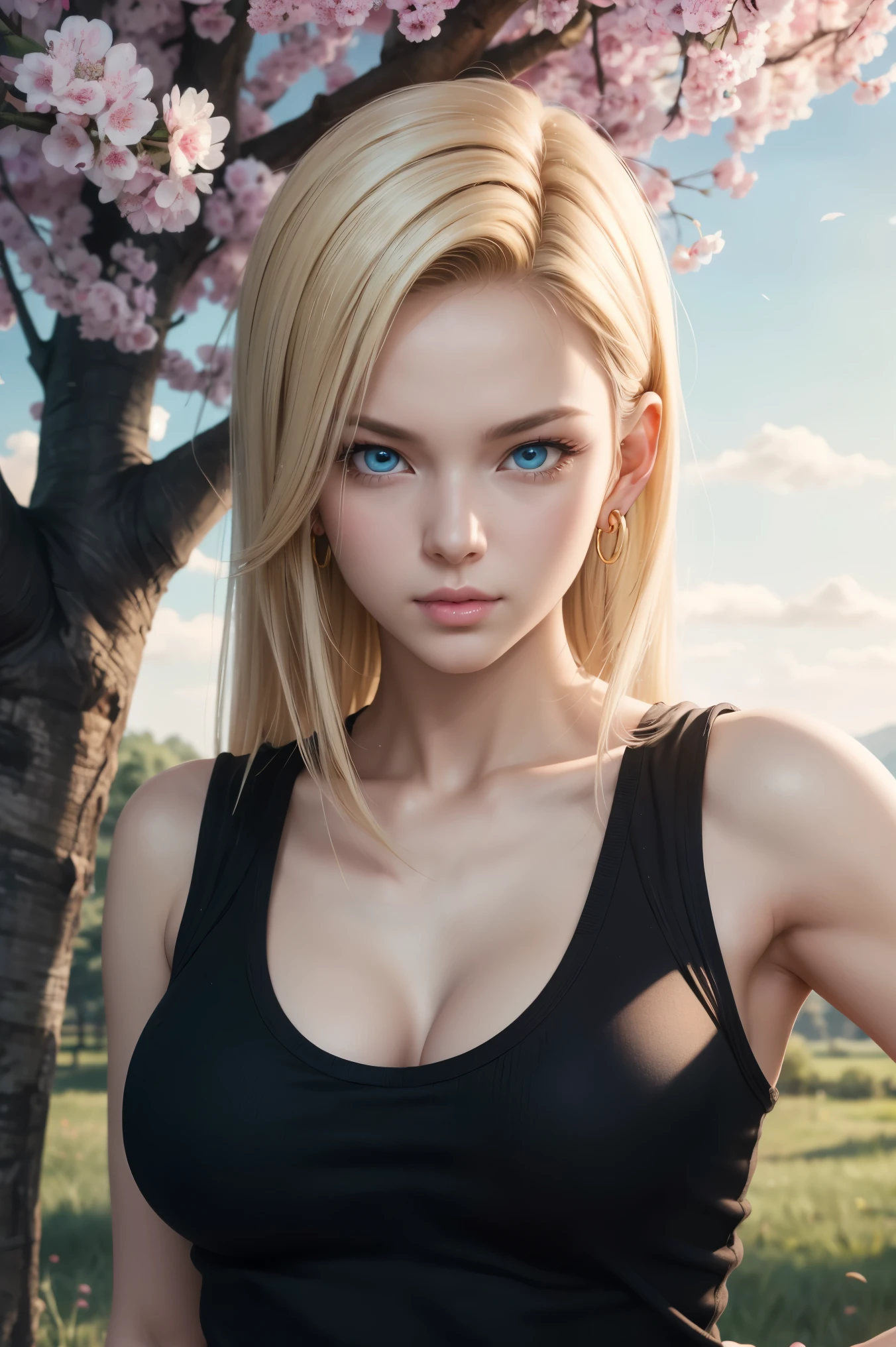 No.18,Dragon Ball Z,Dragon Ball Super,One-length hair,beautiful white blond hair,shortcuts, beautiful blue eyes ,PINK LIPS,white skin,black sleeveless,ultra-high image quality of processing,super quality,masterpiece,DSLR,photorealistic, Detailed Details,Vivid details,depicted in detail,Detailed face, Detailed Details,Super Details,Realistic Skin Texture, colorful candy room ,perfect anatomy,anatomically correct hands,anatomically correct fingers,complicated 3d rendering,big breasts,Gold ring earrings,nature,Beautiful spring scenery,Mysterious spring scenery,Beautiful Dusk,Hair fluttering in the breeze,Beautiful like a painting,takes pictures of Hirose's whole body,9 heads,