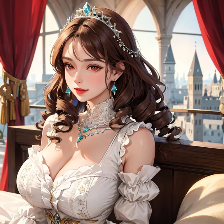 (High quality, High resolution, Fine details), Realistic, noble woman, elegant dress, luxurious jewelry, regal posture, rich background, majestic castle, warm color tones, soft lighting, solo, curvy women, sparkling eyes, (Detailed eyes), smile, blush, shallow depth of field