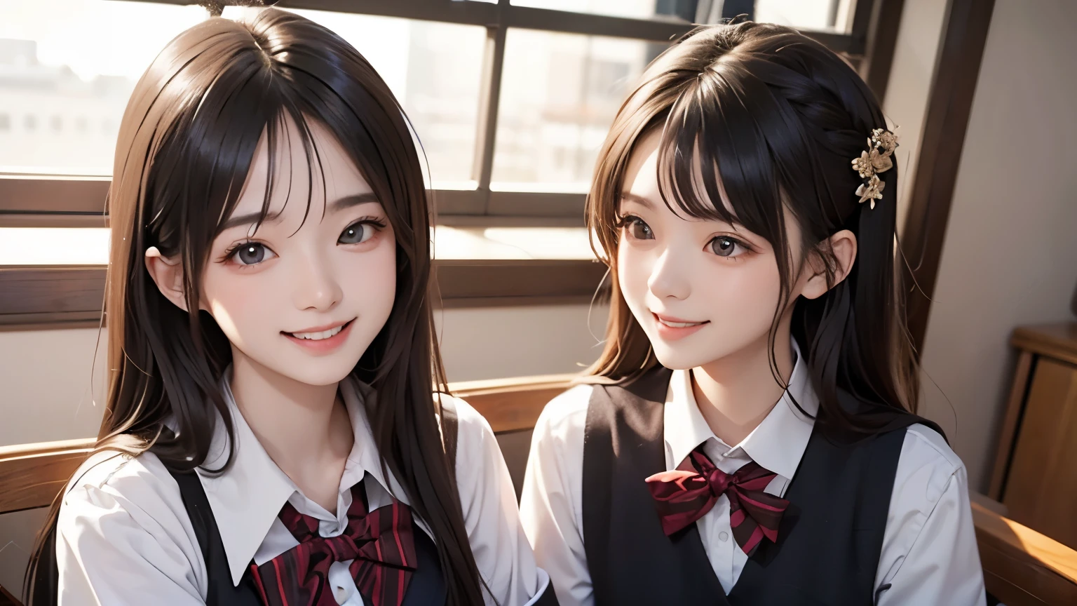 15 year old student、brown hair、beautiful eyes、real looking skin、Female college student、、(8k、masterpiece)、(realistic、Photoreal)、highest quality、very detailed、Super detailed、Beautiful woman、cute、Japanese、laughter、close-up portrait、healthy face、((graduation clothes:1.4))、Cherry tree,