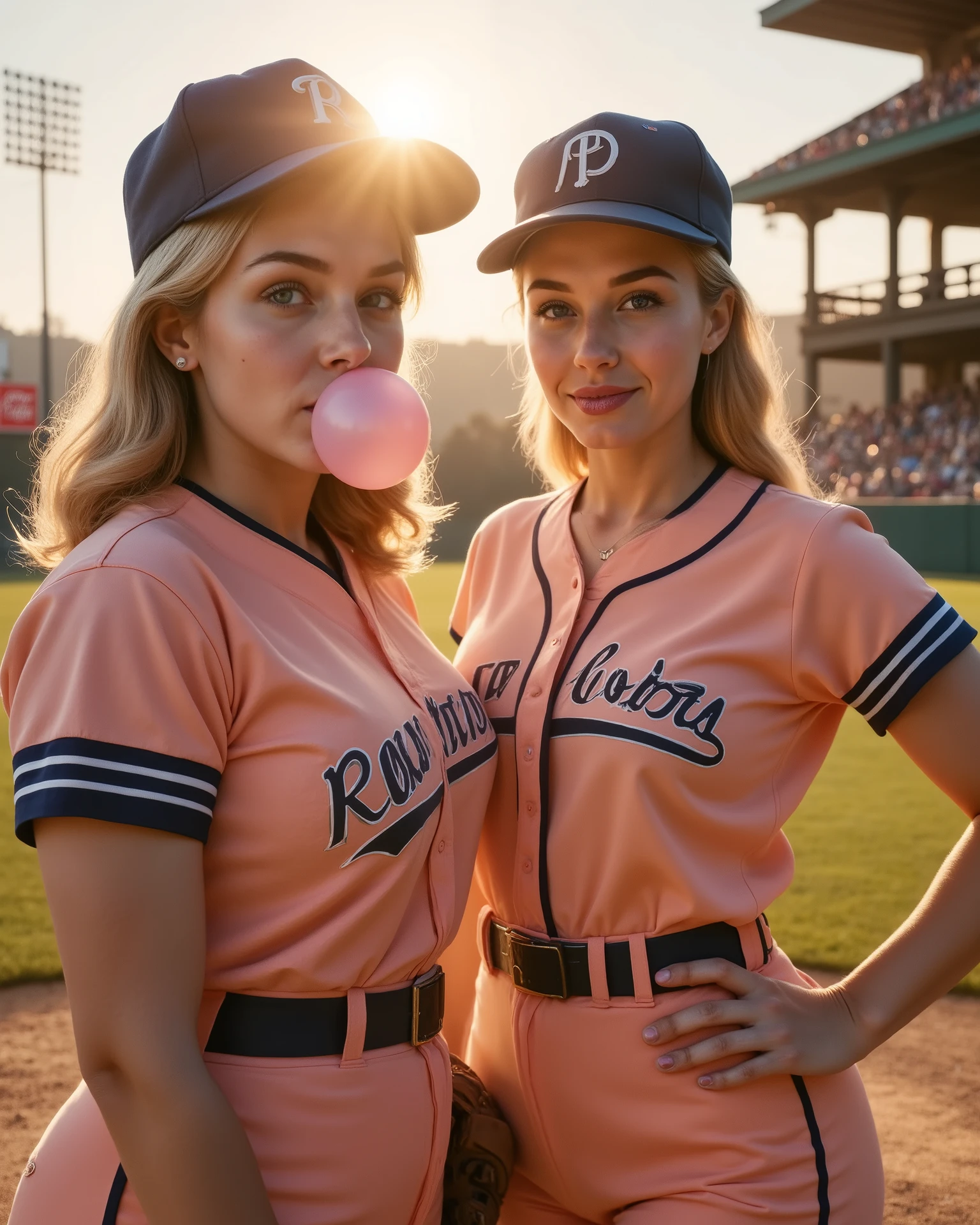 Ultra-detailed 1940s editorial photo of Dottie Hinson and Mae Mordabito (Rockford Peaches) in peach/navy uniforms, standing on a baseball field at golden hour. Mae blows a pink bubblegum bubble with a smirk; Dottie smiles subtly, glove on hip. Shot on a Hasselblad H6D with Zeiss 80mm f/1.4 lens, shallow depth of field (foreground/faces razor-sharp, background soft bokeh). Studio-quality lighting, hyper-realistic skin texture, fabric wrinkles, and bubblegum translucency. Vibrant Kodachrome-like colors with subtle film grain. Blurred vintage stadium details (wooden fences, 'Coca-Cola' sign, distant players). 8K resolution, cinematic composition, dramatic yet nostalgic. Style: Annie Leibovitz meets 1940s sports photography