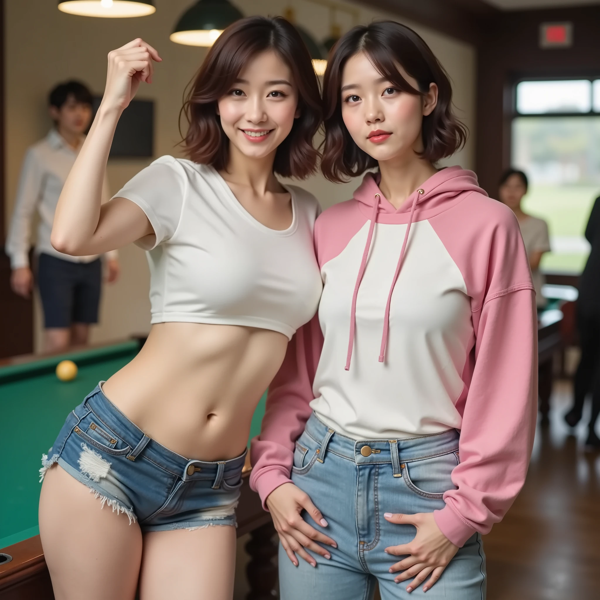 『have different faces and hairstyles2 Japanese girls in tennis panties、 1 have short hair:1.9』『droopy eyes、round face、real photo:1.3』best quality:1.2、((Big Saggy Breasts))、with slight cleavage、((40 year old woman))、((2 people with different faces、2 people with different hairstyles))((Beautifully shaped belly button 、smiling showing her teeth:1.3))、(((anatomically correct、perfect anatomy、anatomically correct指)))、realistic, best quality, ultra high resolution, RAW photo, (Curvy body)、Wonderful Japan2Group Female , beautiful woman with wavy maroon hair , wearing a pink snapback hat , white t-shirt , denim shorts , Mr.々playing billiards in a confident pose , sexy pose . Woman with brown curly hair , Wear a white and pink hooded sweatshirt and long jeans , There's a couple playing pool in the back . smiling at camera .