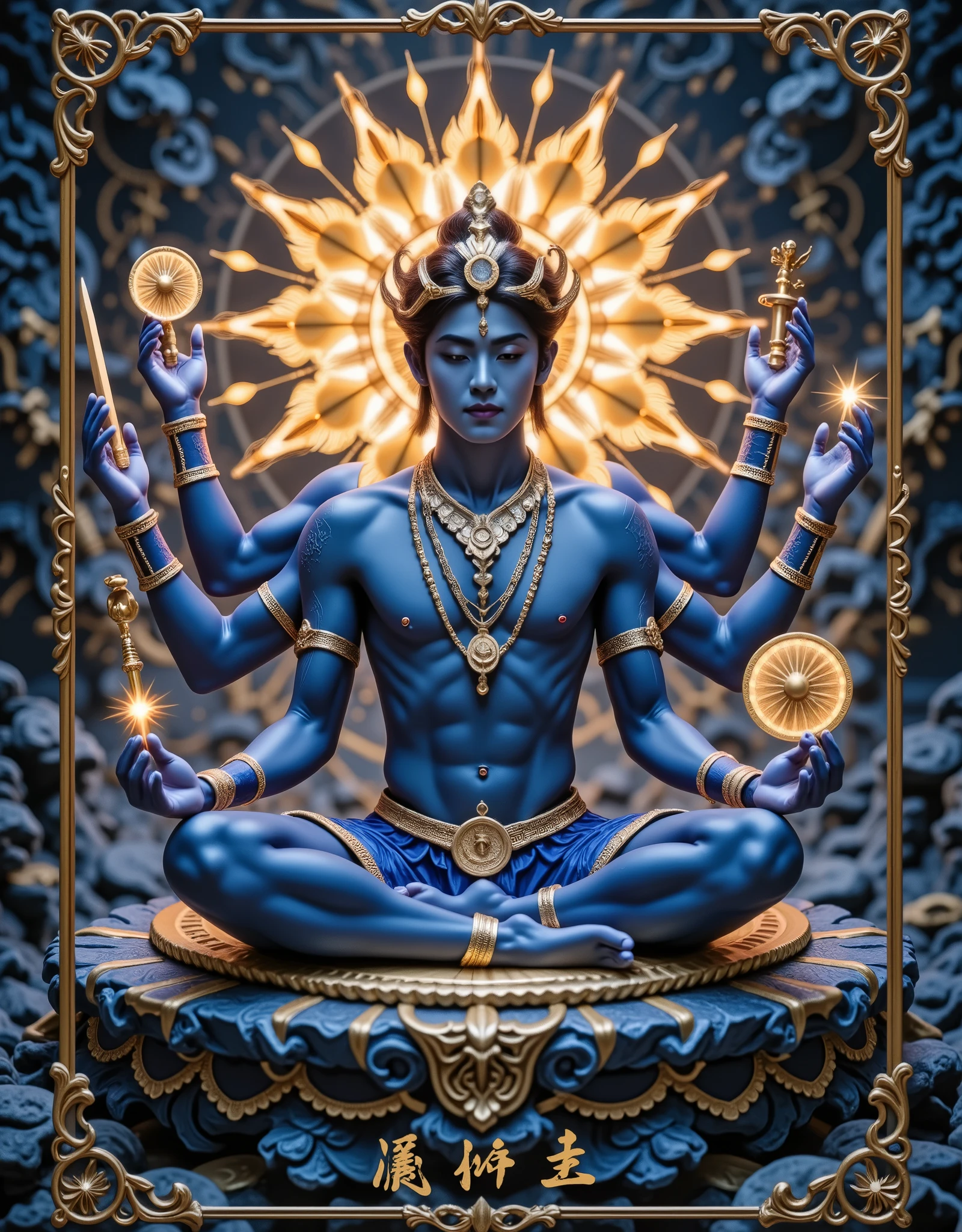 masterpiece, Reality, Best Quality, Ultra High Resolution, Duet of blue and gold, Play cards , In the middle of the card is a disc of Asian male gods meditating, young, Handsome, Dark Blue Skin,  [Six Arms ，Each hand holds a golden glowing treasure: Hand Ringer Bell, sword, Gossip Mirror, Golden Circle, Little Golden Hammer, Yu Ruyi  ],  Decorated Gold Jewel Crown, Gold Glittering Gemstone Ornament, Gold Back Halo, naked upper body, Dark Blue Starlight Shorts, Full Body Gold Luxury, The card has five gold five stars arranged together in the middle of the card, In the middle below the card Ruler, in each hand All cards have a golden border geometric pattern, Soft Background, Complex Composition,