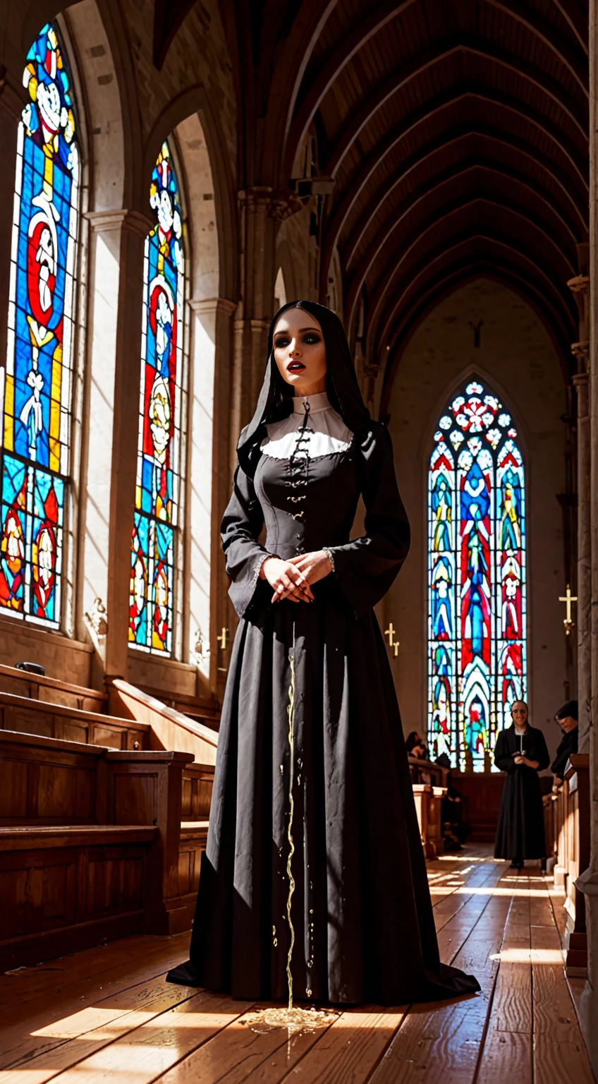 (in 8K,Raw photo,top-quality,超A high resolution,masterpiece:1.2),(Photorealsitic:1.37), (Gothic nun huge breasts), Set in the 1990s, Surreal makeup, Leather clothes with bare naked breasts in a church in the Gothic style at night, neon light, Very dark, Horror, Red hue, Sony A7III, movie的ライティング, movie, grain, UHD Face, volumetric shadow
