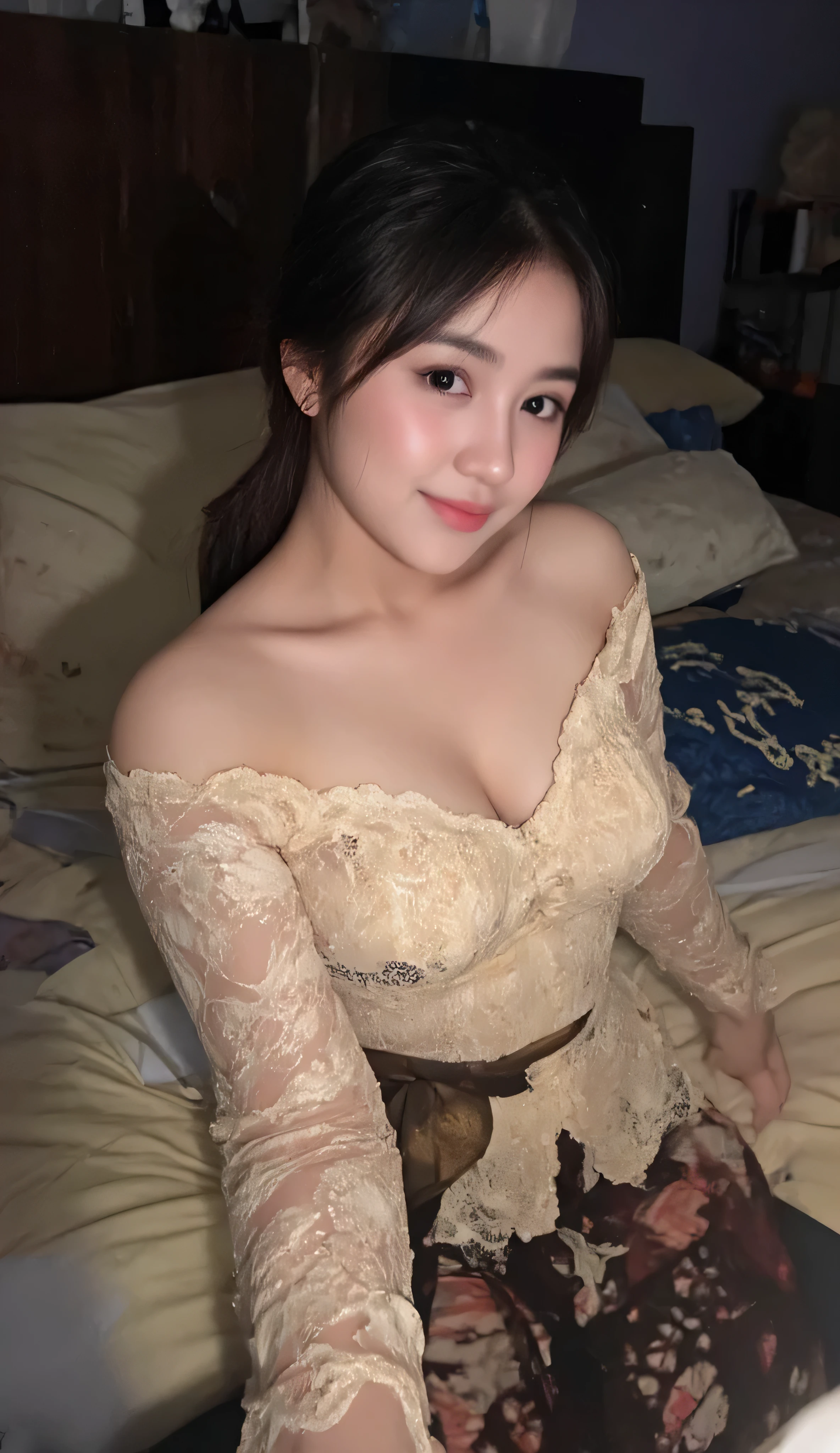 Amateur shooting pov from instagram selfie A round face woman with a kebaya surrounded by pillows in a dimly lit student room, no makeup, cheerful smile. He had tied his black hair, his pale skin contrasting with the dark bed.