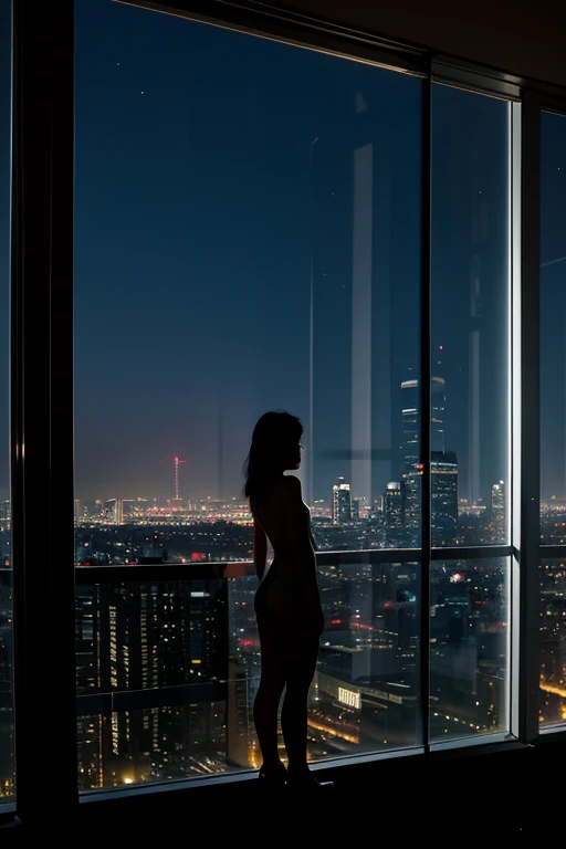 A nude Brazilian woman in a room with a panoramic window background showing the city at night, with the silhouette of her body clearly marked., showing sensuality
