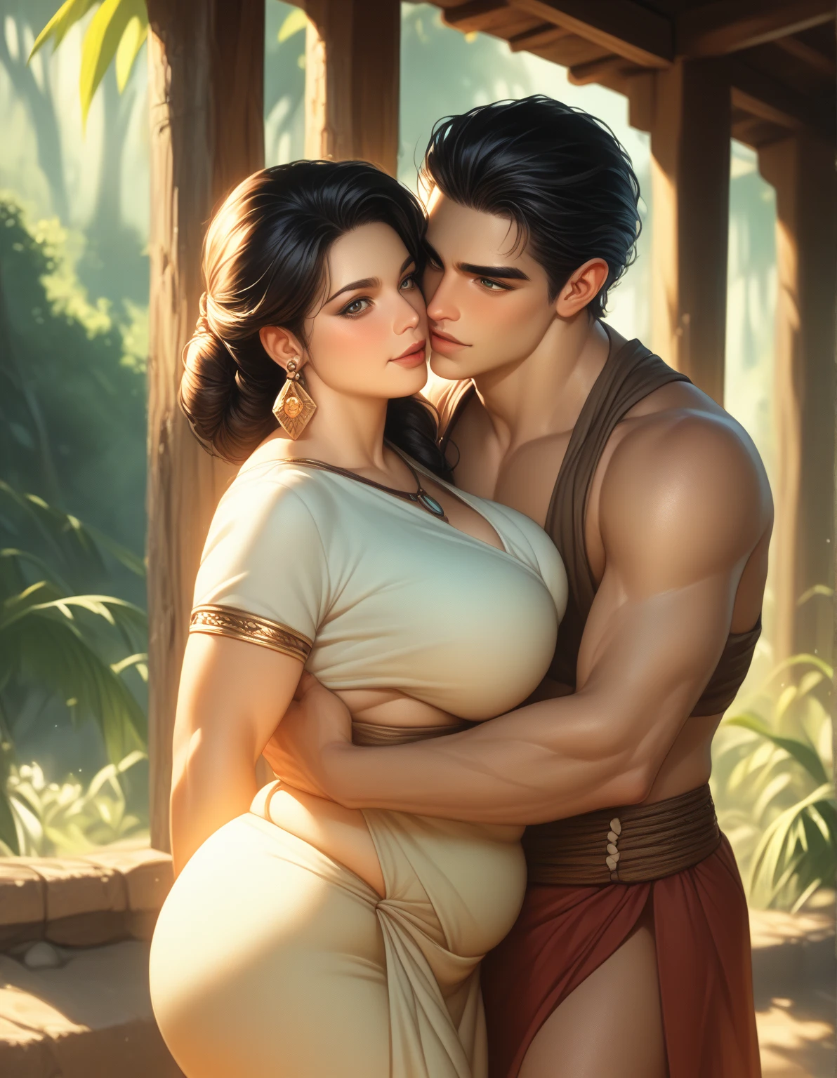 ((best quality)), ((masterpiece)), (detailed), (couple), ((1woman, 1man)) , ugly masculine man, heavy rough beard,  (feminine beautiful indian hindu woman), natural woman breast, indian goddess in jewellery, woman in transparent saree, (man groping woman forcefully from back), man grabbing woman crotch, (fantasy illustration:1.3), enchanting gaze, captivating pose, sexy, NSFW, rough, evil look, dominating man, submissive woman , uncomfortable woman, (high-resolution:1.2)