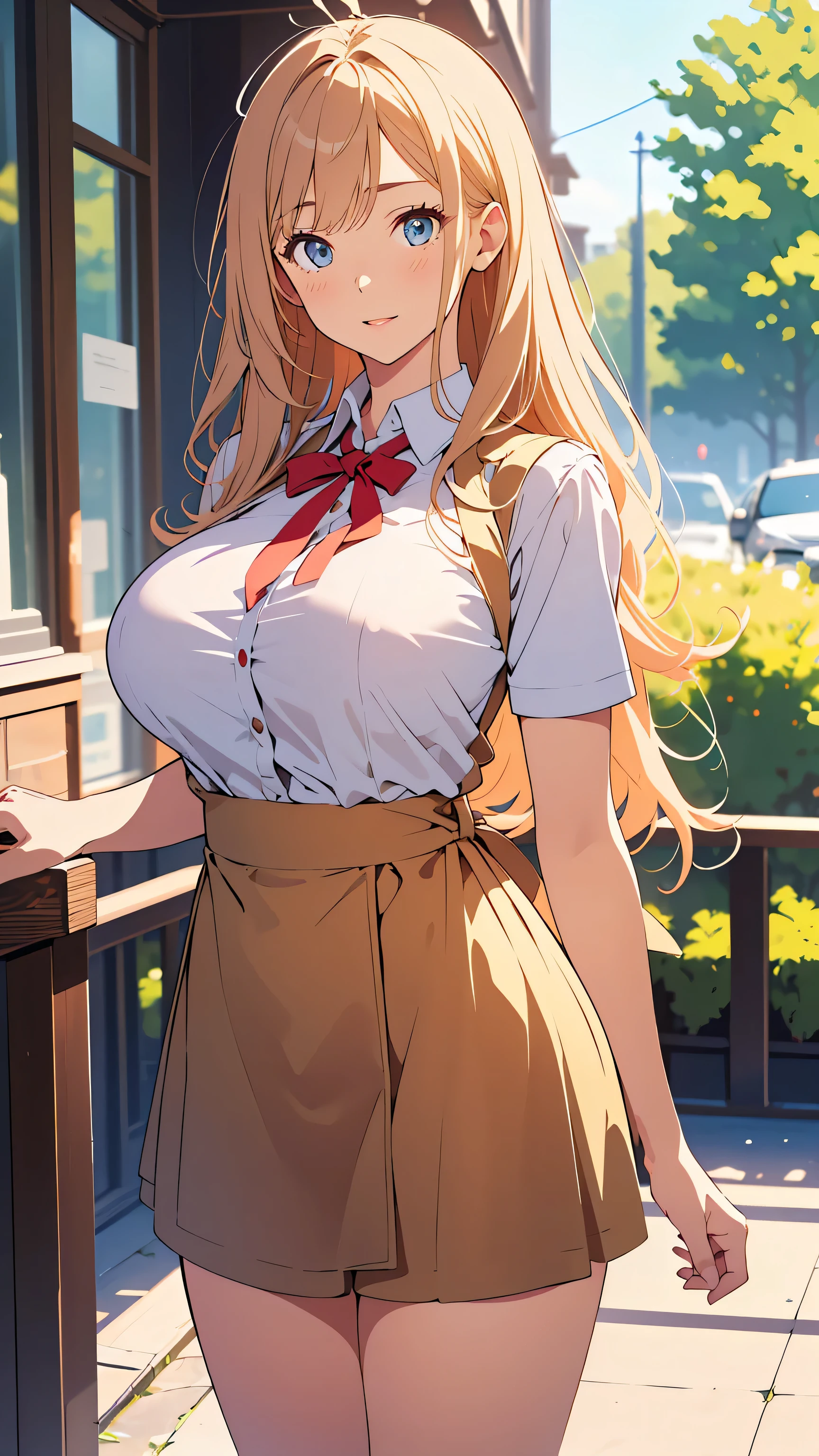 (Masterpiece, Top quality:1.5), full body, (1 beautiful girl, solo:1.2), (Round eyes, big eyes, droopy eyes:1.3), (short height:1.2), (blooming skirt:1.3), (blonde hair:1.2), long Hair, straight Hair, asymmetry bangs, swept bangs, (large breasts:1.2), shy:1.3, blush:1.3, beautiful scene of station platform, open mouth, dynamic pose, dynamic angle