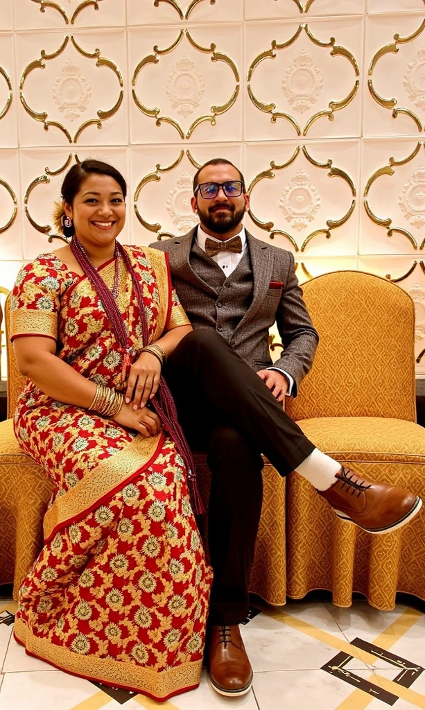 Create a realistic photograph of a smiling and beautiful indian college girl in black uniform suit carrying a obese man on her shoulder , in a exotic room, man is sitting on her shoulder, man on top, woman standing at bottom 