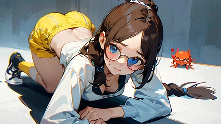 8k、masterpiece、Japanese、Woman wearing glasses、anise、from the front、smile、Childish、Big Breasts、Transparent school swimsuit、night、Bedroom、Spread your legs and show、Pee is yellow