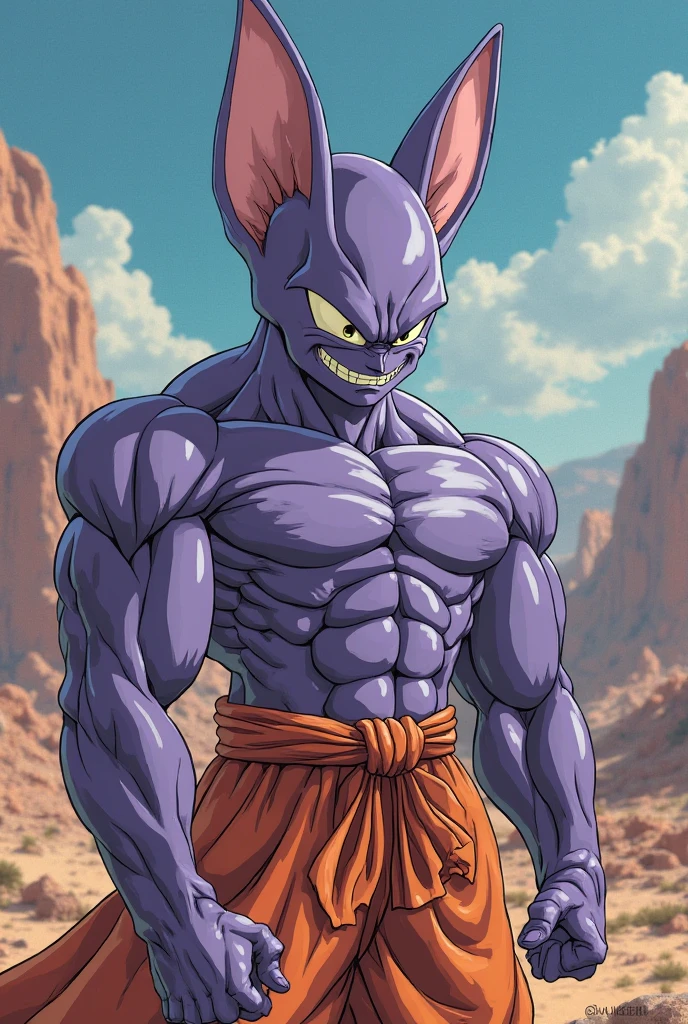 ((by Buta99, by SpiritD, best quality, masterpiece, perfect anatomy, detailed picture)), 1male, Beerus, adult, purple skins, yellow sclera, slit black eyes, detailed face, detailed eyes, skinny muscle body, an earring in the right ear, neck ring, long tail, Beerus's outfits,muscular, the second, large pectorals, venous muscles, detailed pecs, detailed abs, six pack abs, Huge muscles, flexing, wearing speedo, smilin, in the white background 