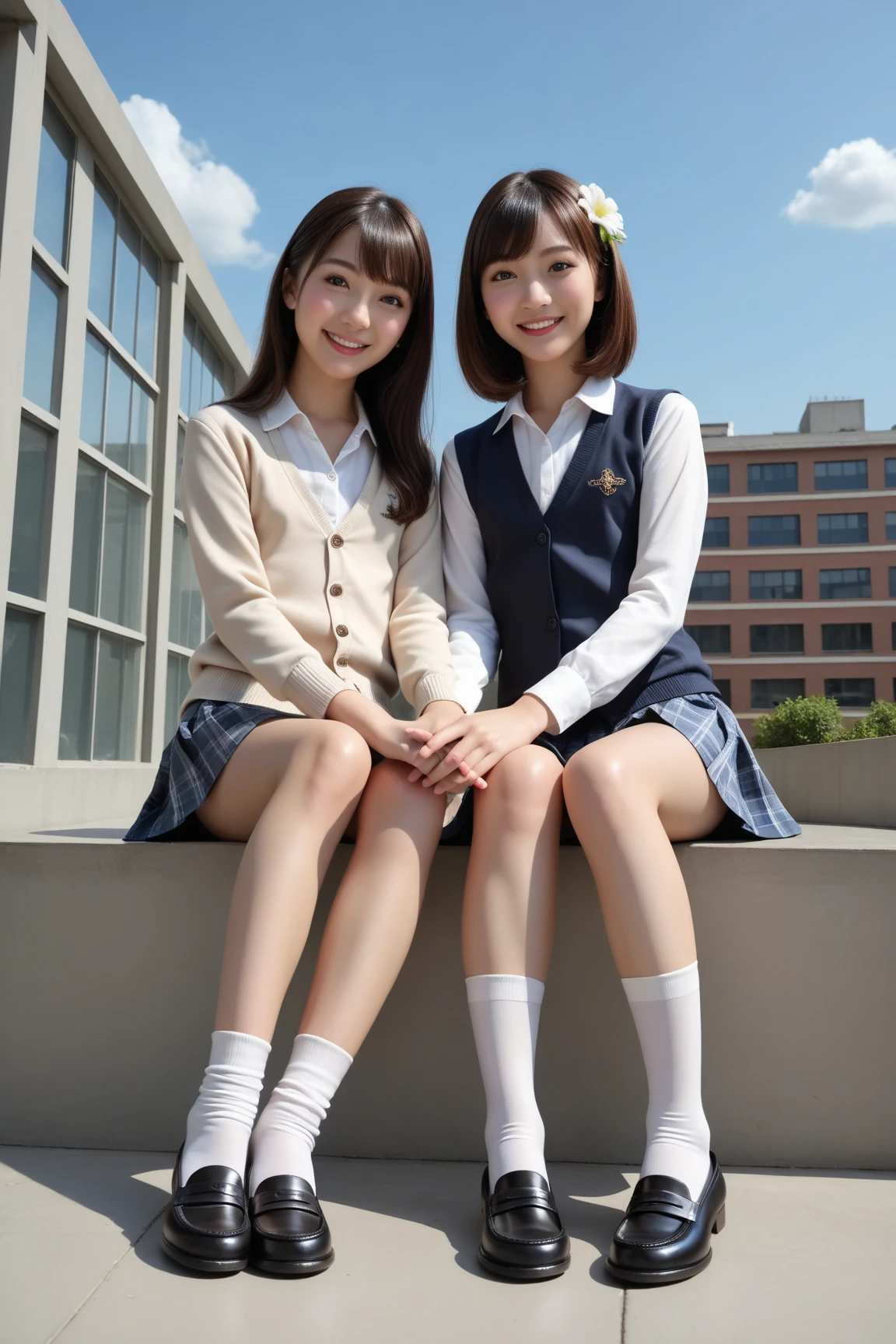 Two schoolgirls in sailor uniforms、cleveage、In the classroom、slime shapeshifter、Lift your skirt with both hands、underwear、long legs、Sitting at the table