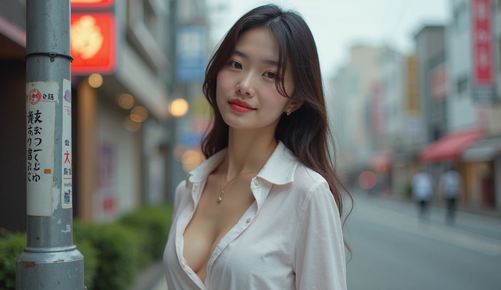 (skin blemish:1.2), (skindentation), black eye, 1woman, 25yo, (((woman))), solo, realistic, best quality, photorealistic, masterpiece, 8k, high res, solo, extremely detailed face, (professional lighting, bokeh), (light particles, lens flare, glowing particles:0.6), (dynamic pose:1.2), soft lighting, top angle view, fashionable and trendy atmosphere, japan, street, tokyo, city, ((daytime)), sky, ((looking at the viewer:1)), (looking at the camera),(portrait:0.6), cowboy shot, gorgeous, standing, keep original facial proportion, wide shoulder, full body, (small breast), (medium hair), brown hair, floating hair, lips, lipstick, seductive smile, floating hair, smile, open_mouth, teeth, (sleeves less white blouse), (jumper skirt), eyelashes, mole, (mole under eye:1),