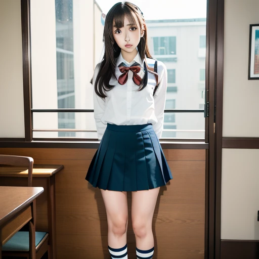 Thigh garter, nsfw, Full body shot, sad, deep cleavage , kglamour_magv2, , hard small pink , navy blue retro schoolgirl uniform, (steampunk background:.4), masterpiece, breathtaking, dramatic composition, ultra realistic, 100mm, Fujifilm XT3, Canon50 DSLR, sharp focus, hyperrealism, highly detailed, crisp edges