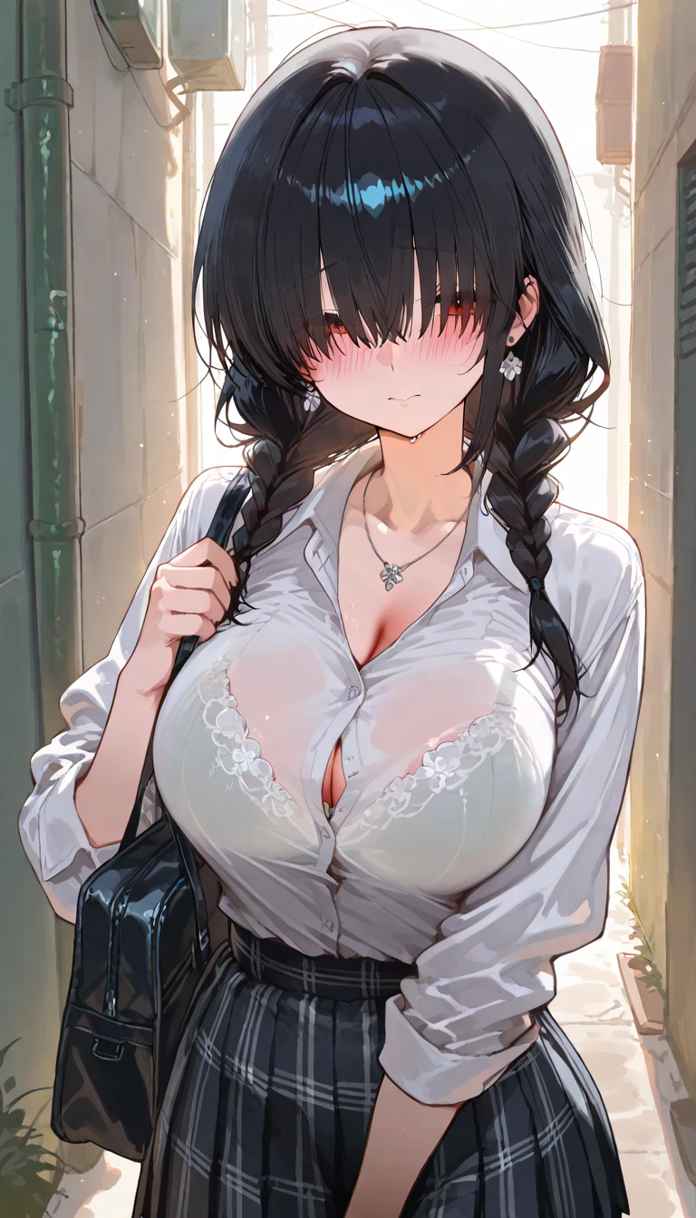 NSFW:1.3. Anime drawings with vivid colors Full-body figures of tall women:1.9 (((Shirt open wide, white bra, skirt down, white underwear))) (((Slouching, troubled, displeased, sweat, glaring, wrinkled brow, angry, flushed cheeks))), (White sleeveless shirt with collar, black ribbon around neck, collarbone visible (((Long skirt))) Black Skirt) (night:1.3. Apartment Room) (((Short black hair ponytail:1.3 Straight hair Sweep your bangs to the side:1.9 Slanted eyes Brown eyes Tall Big breasts Strong Beautiful Cute)))