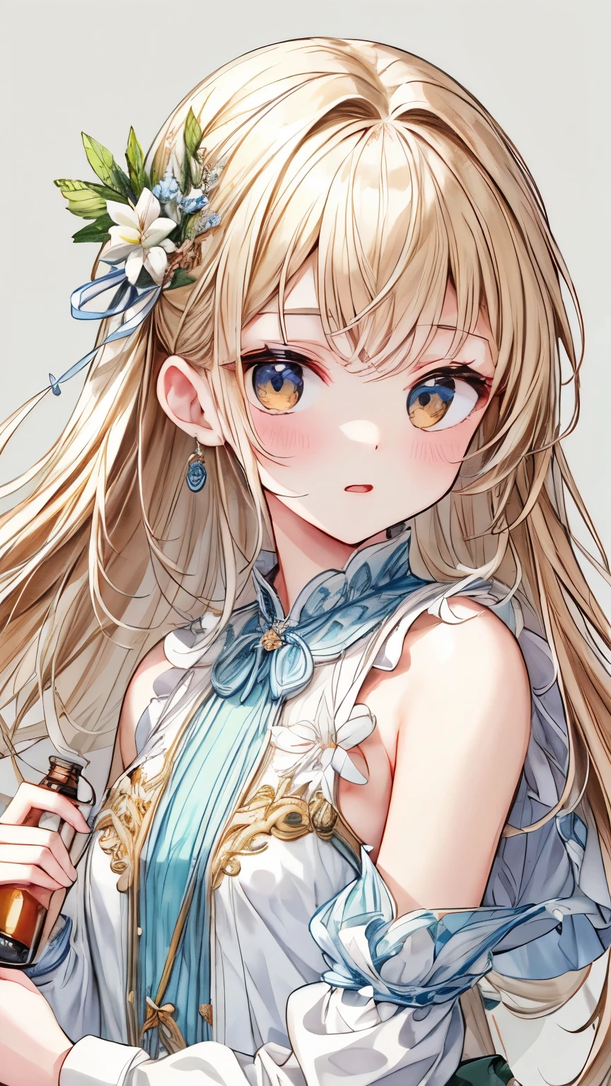 High Detail、 Figure painting、beautiful girl、masterpiece、faces are drawn in detail、eyes have been drawn down to the smallest detail、best quality、The background is explained in detail、best quality、high resolution、high definition model, accurate、I have a small bottle of medicinal herbs